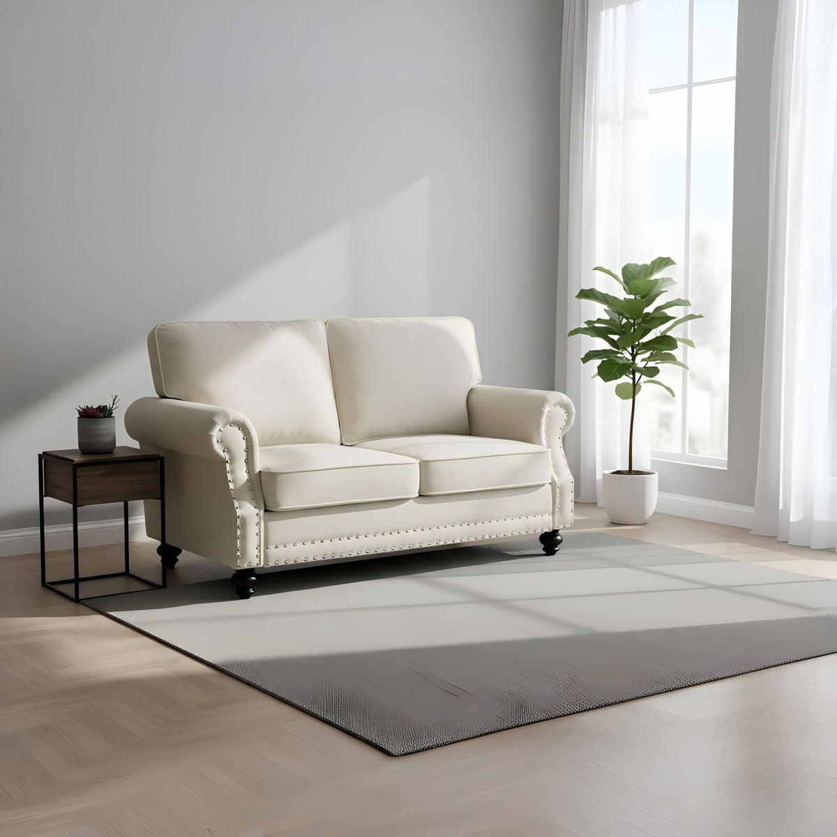 Loveseat Sofa With Nailhead Detail &amp; Turned Legs, 2 Seater Upholstered Couch