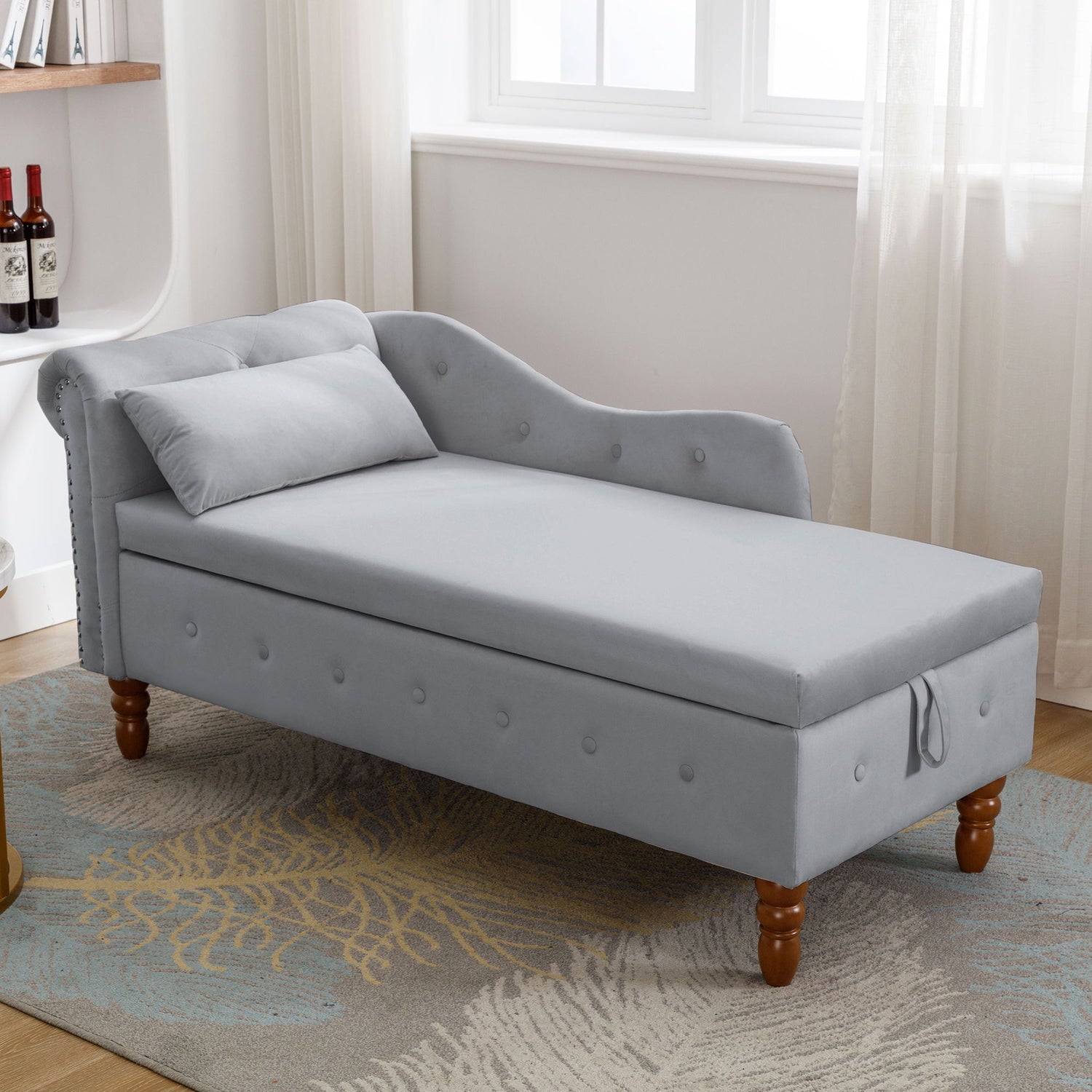 Chaise Lounge Indoor, Velvet Lounge Chair For Bedroom With Storage &amp; Pillow, Modern Upholstered Rolled Arm Chase Lounge For Sleeping With Nailhead Trim For Living Room Bedroom Office