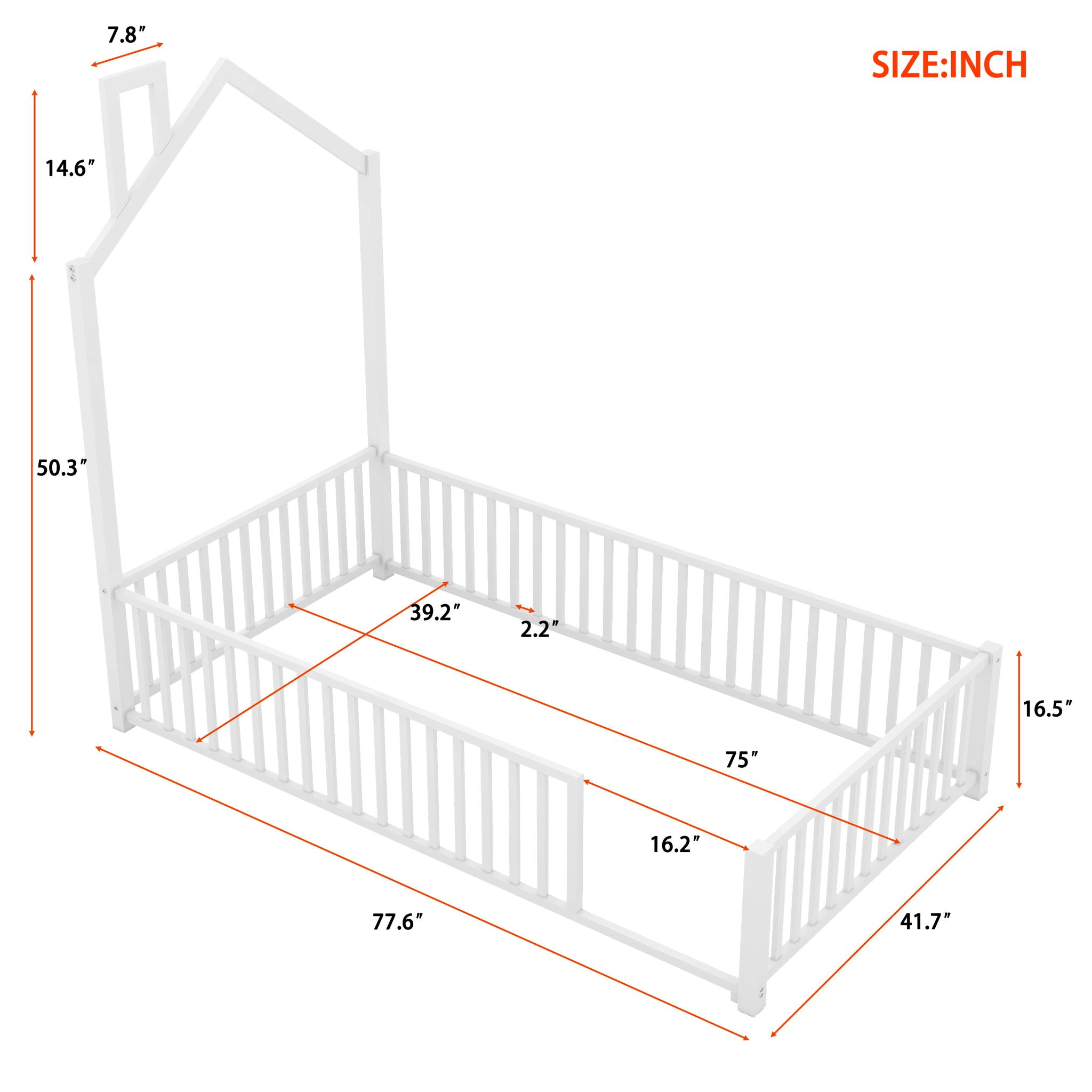 Metal House Platform Bed With Guardrail And Chimney