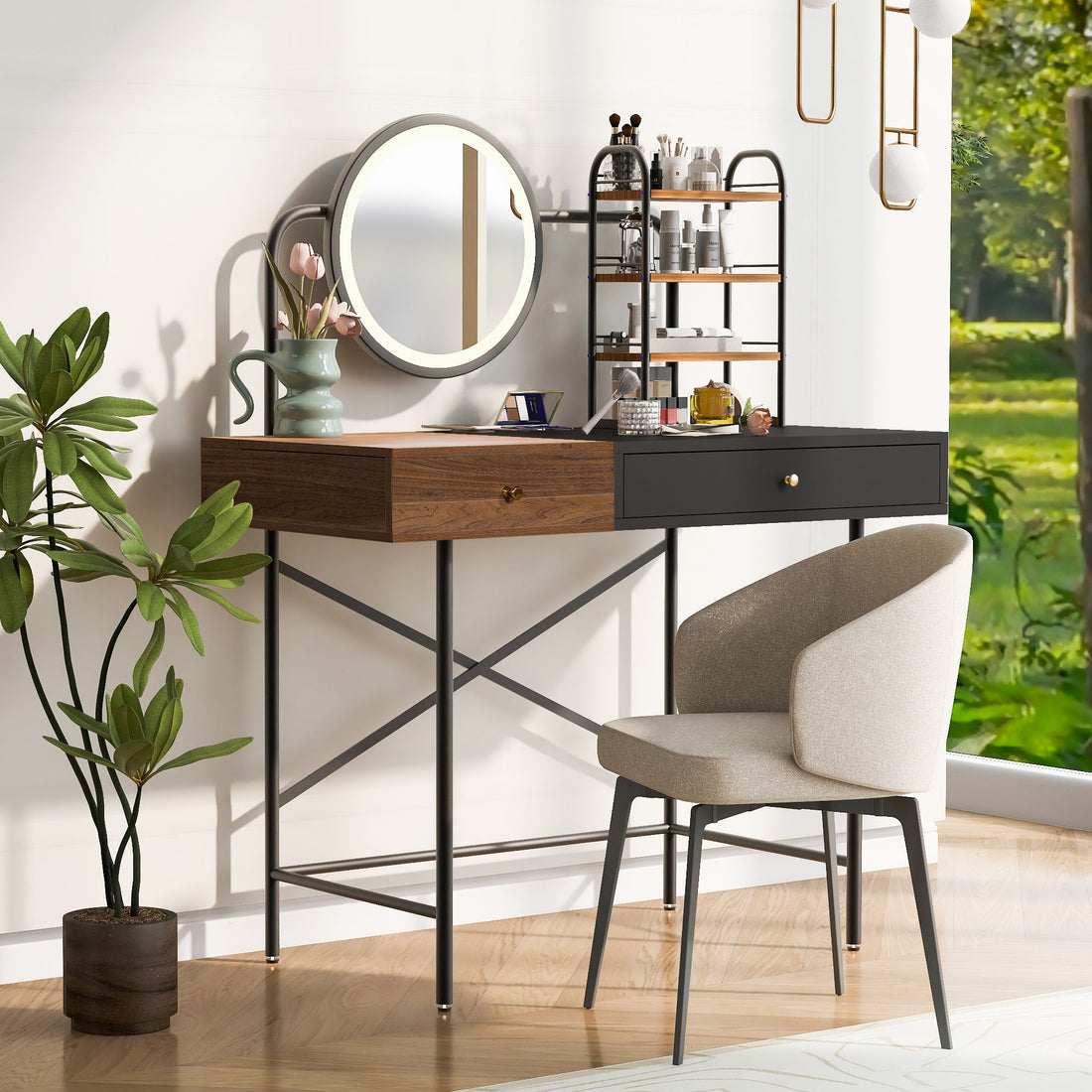 Makeup Vanity Desk With 3-Mode Lighted Mirror &amp; Wireless Charging Station, Vanity Table With Drawer &amp; 3 Open Shelves For Ample Storage Space, Dressing Table For Bedroom