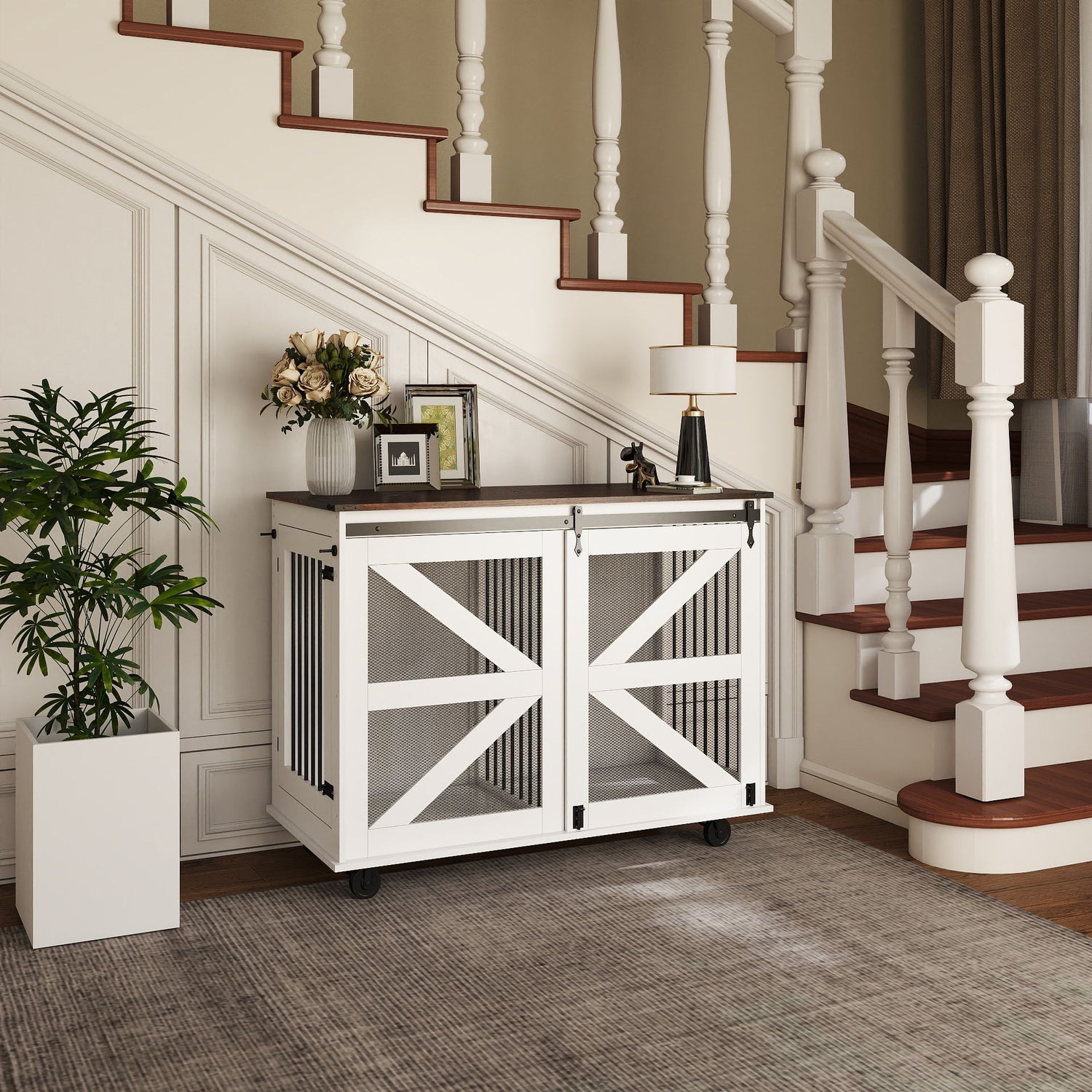 Mobile Dog Crate With Flip Top Feeding Door, Dual Access &amp; 5 Caster System (2 Locking) - Brown White