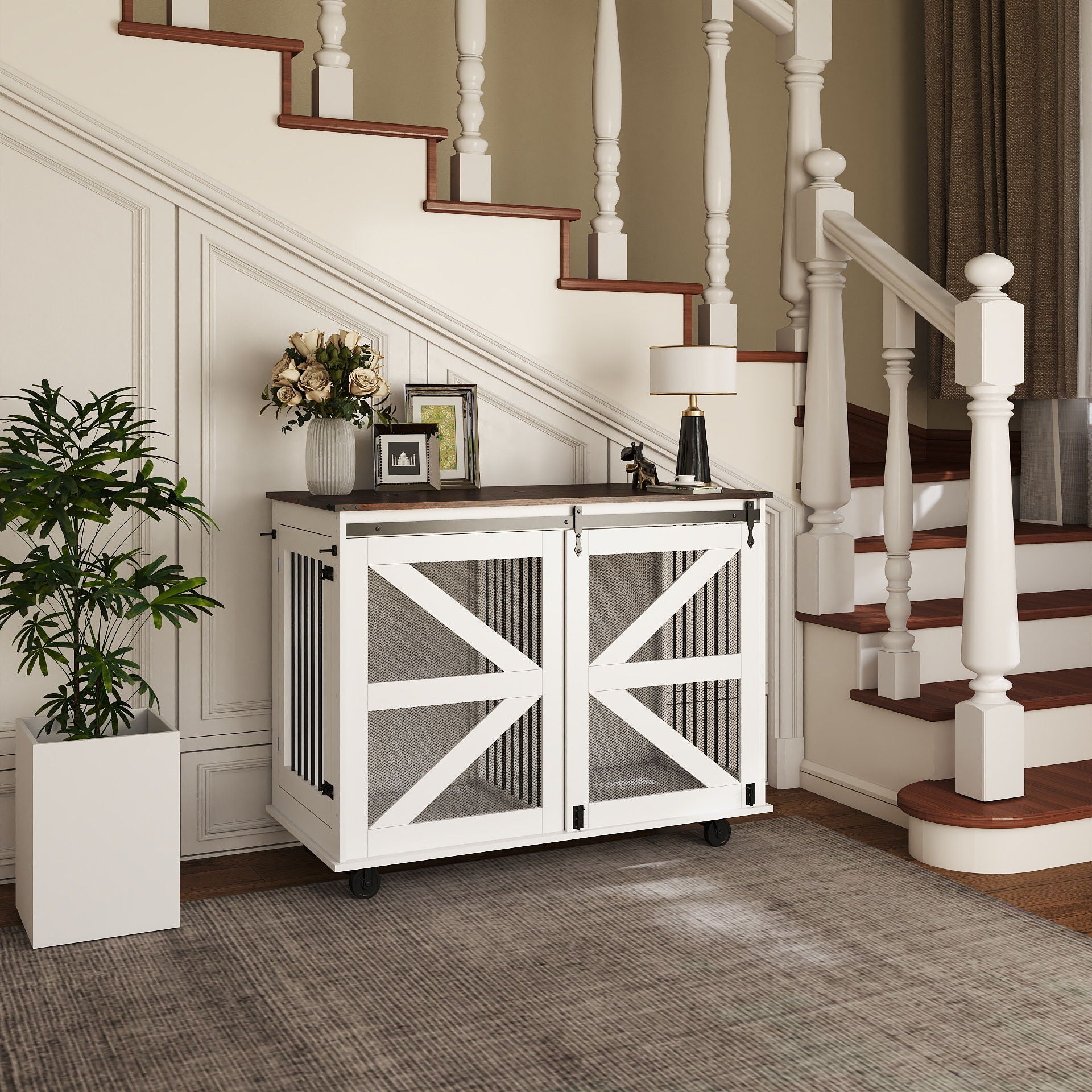 Mobile Dog Crate With Flip Top Feeding Door, Dual Access &amp; 5 Caster System (2 Locking) - Brown White