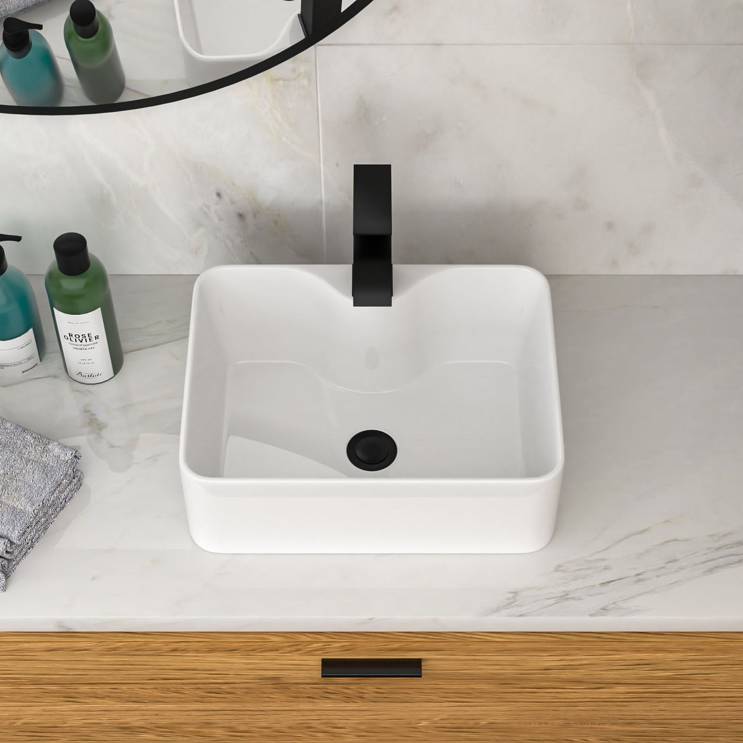 Rectangular Vessel Sink With Faucet &amp; Drain - White / Black