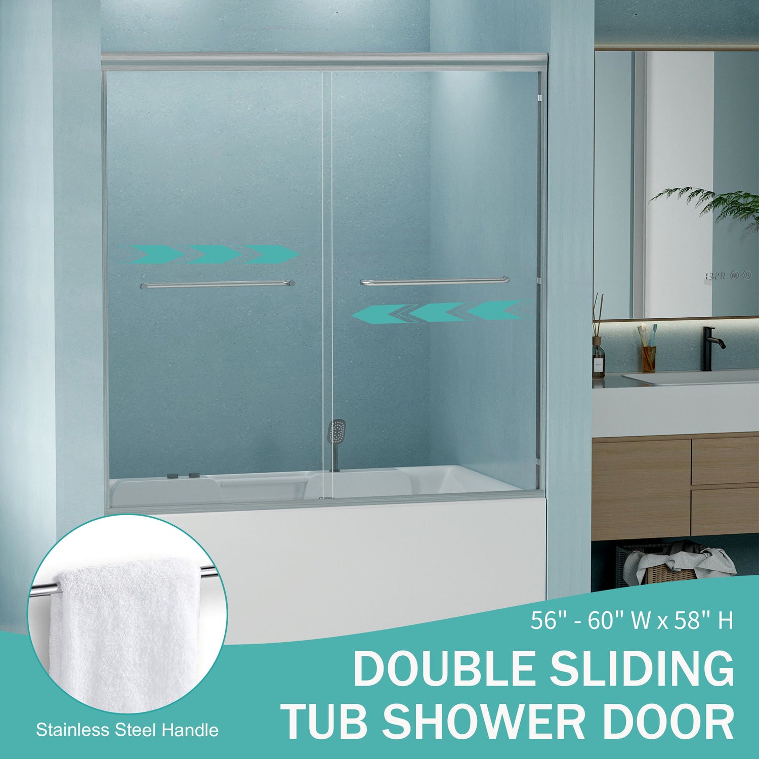 Double Sliding Bathtub Shower Door, Semi Frameless Bypass, 1 / 4&quot; (6Mm) With Explosion - Proof Film, Adjustable Aluminum Alloy Frame