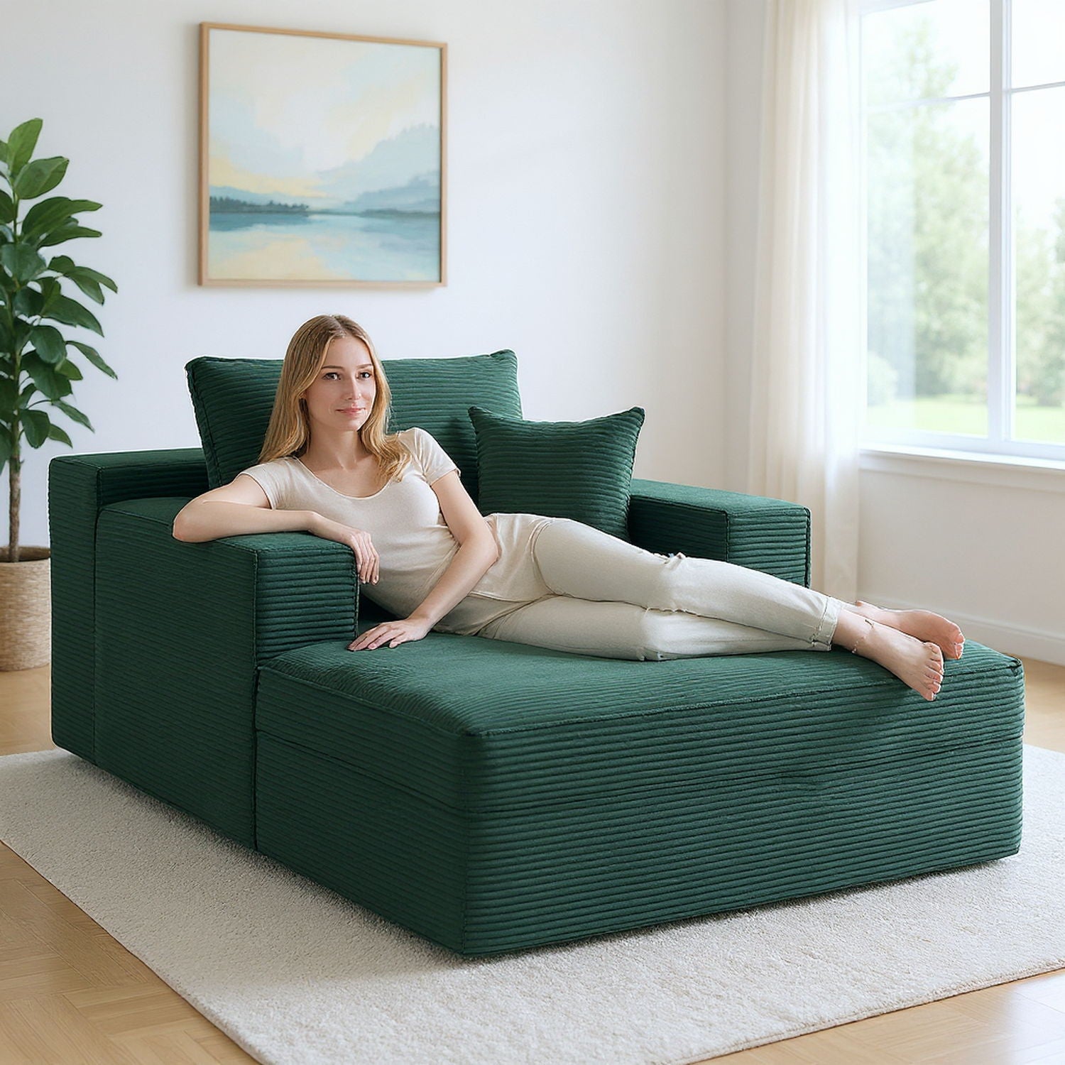 Convertible Chaise Lounge Chair With Wide Armrest &amp; Throw Pillows