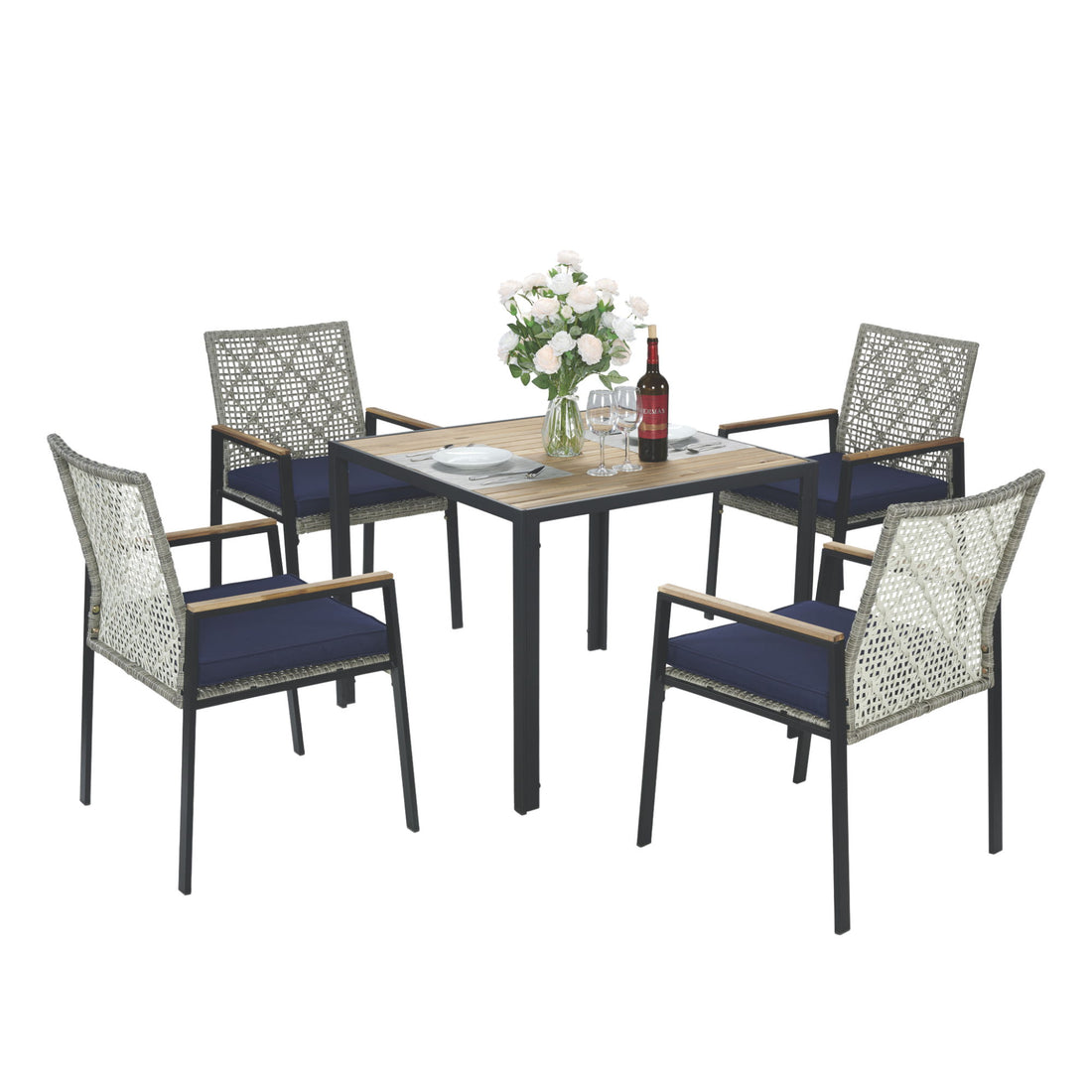 5 Piece Patio Dining Table Set, Acacia Wood Table Top With Umbrella Hole