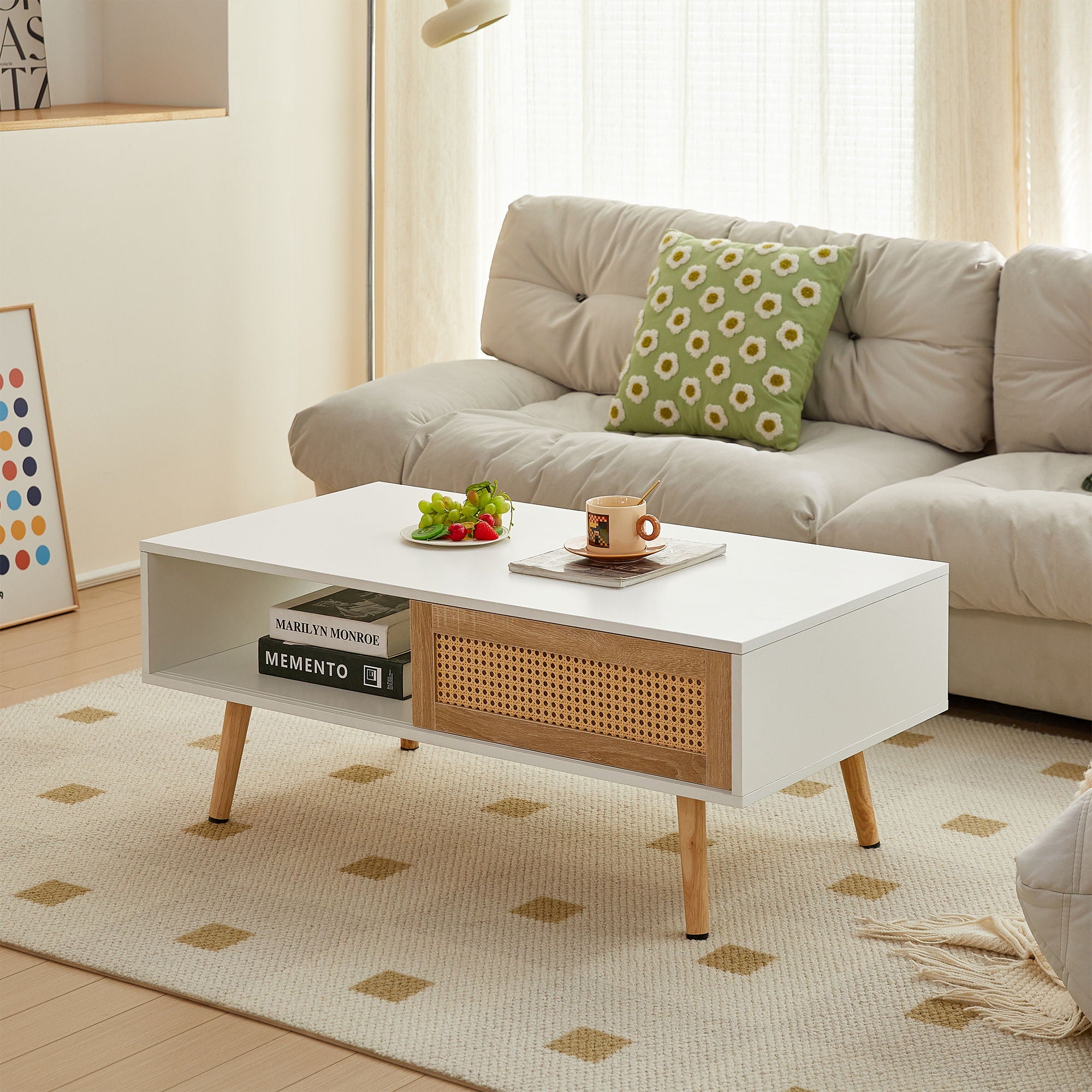41.34&quot; Rattan Coffee Table, Sliding Door For Storage, Solid Wood Legs, Modern Table For Living Room