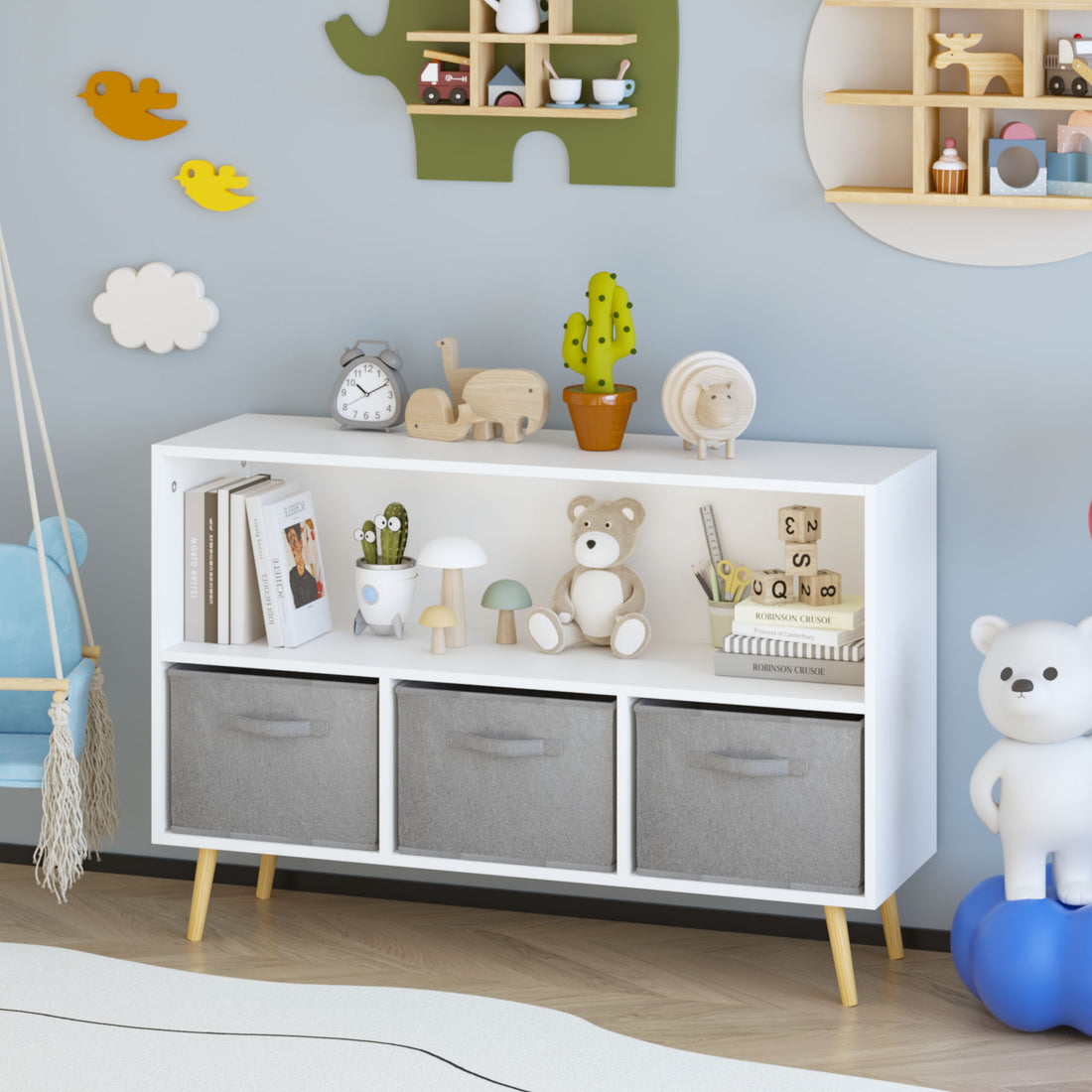 Kids Bookcase With Collapsible Fabric Drawers, Children&