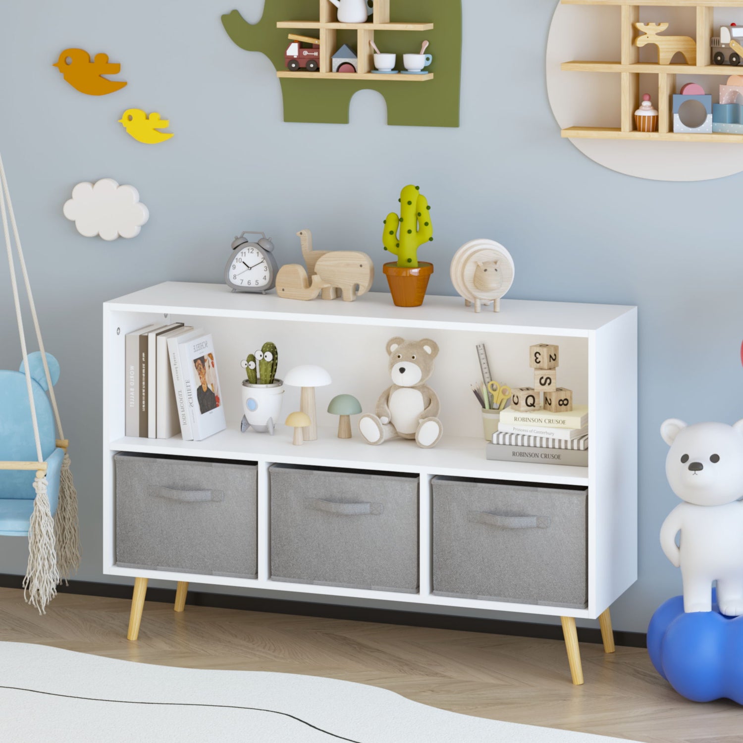 Kids Bookcase With Collapsible Fabric Drawers, Children&