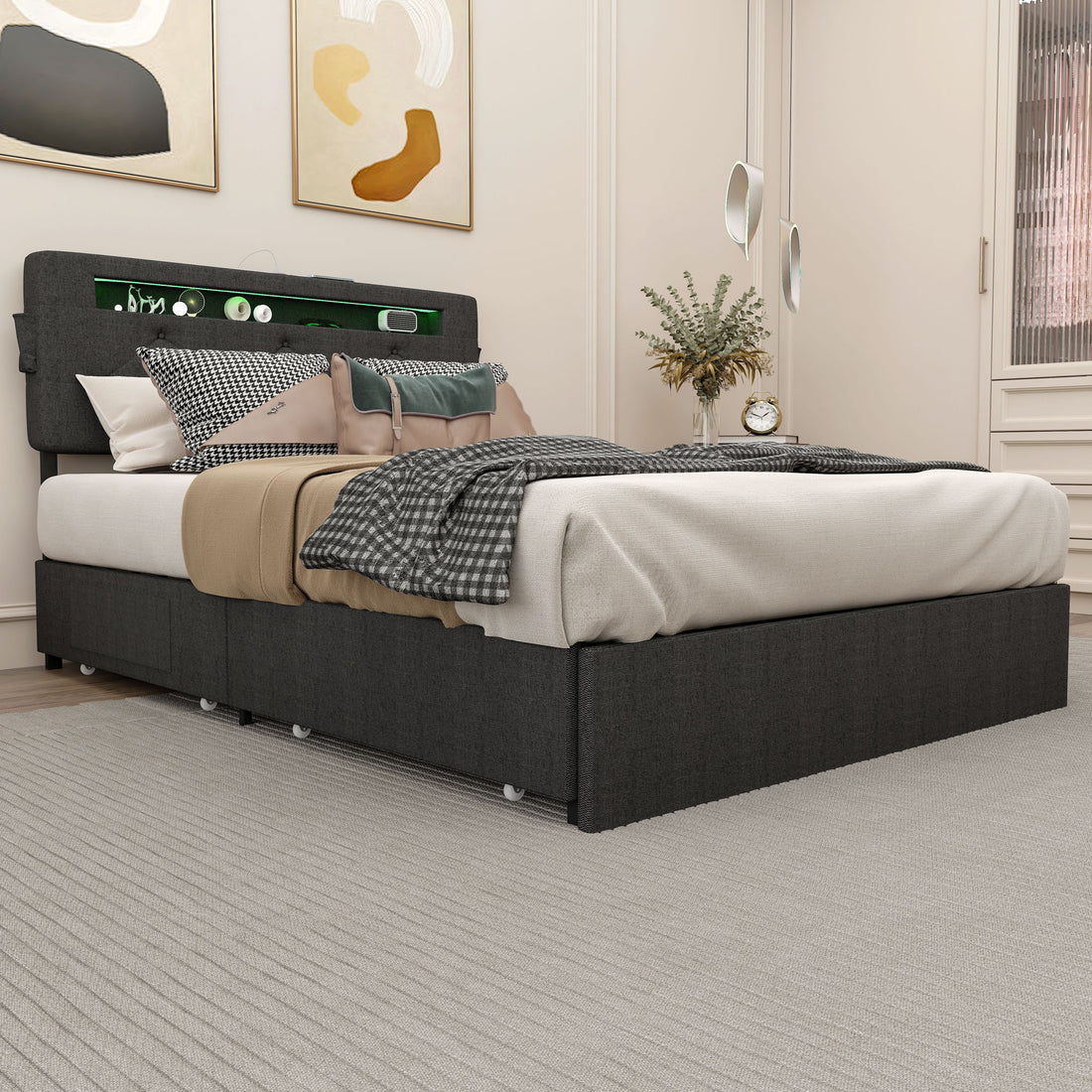 Bed With USB Charging Station, LED Lights, Headboard &amp; Storage Drawers