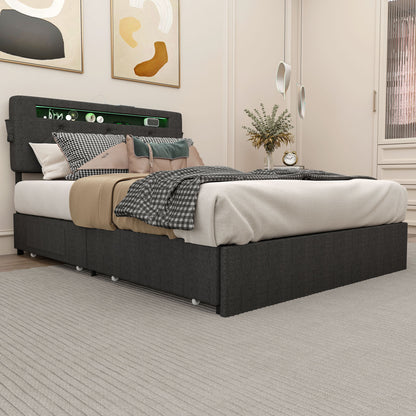 Bed With USB Charging Station, LED Lights, Headboard &amp; Storage Drawers