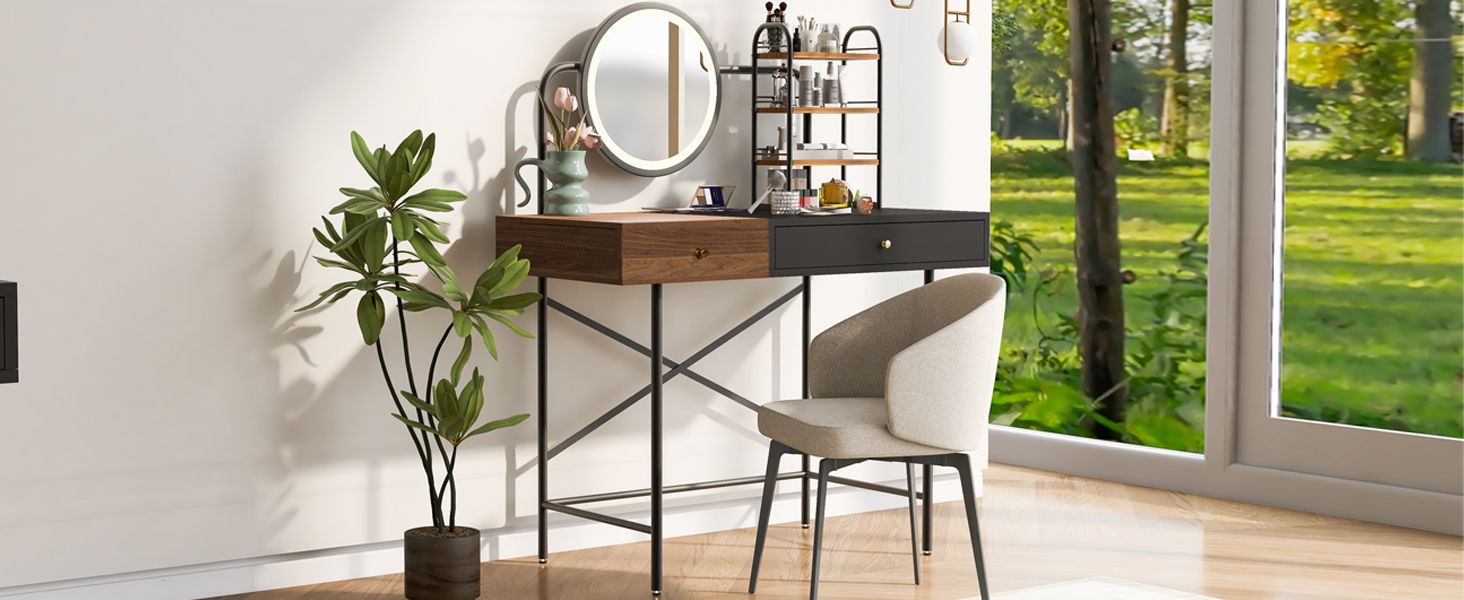 Makeup Vanity Desk With 3-Mode Lighted Mirror &amp; Wireless Charging Station, Vanity Table With Drawer &amp; 3 Open Shelves For Ample Storage Space, Dressing Table For Bedroom