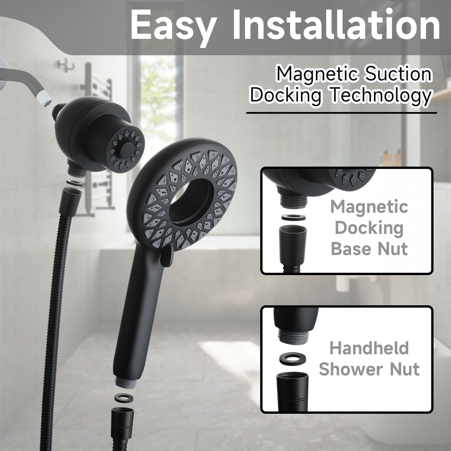High Pressure Shower Heads 6 Spray Mode Handheld Shower With 60&quot; Stainless Steel Hose - Matte Black