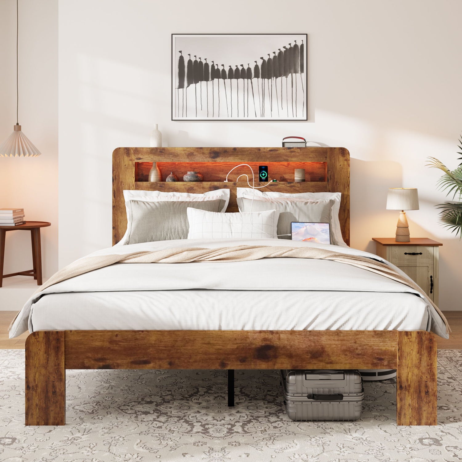 Wood Platform Bed Frame With Storage LED Light Headboard &amp; USB