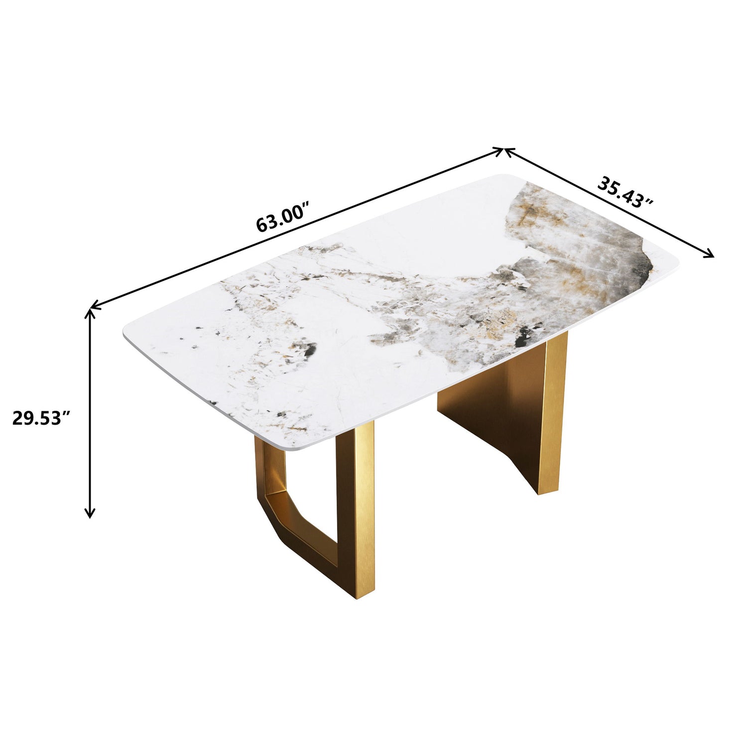 63&quot; Artificial Stone Pandora White Curved Golden Metal Leg Dining Table, 6 People - Antique White / Gold