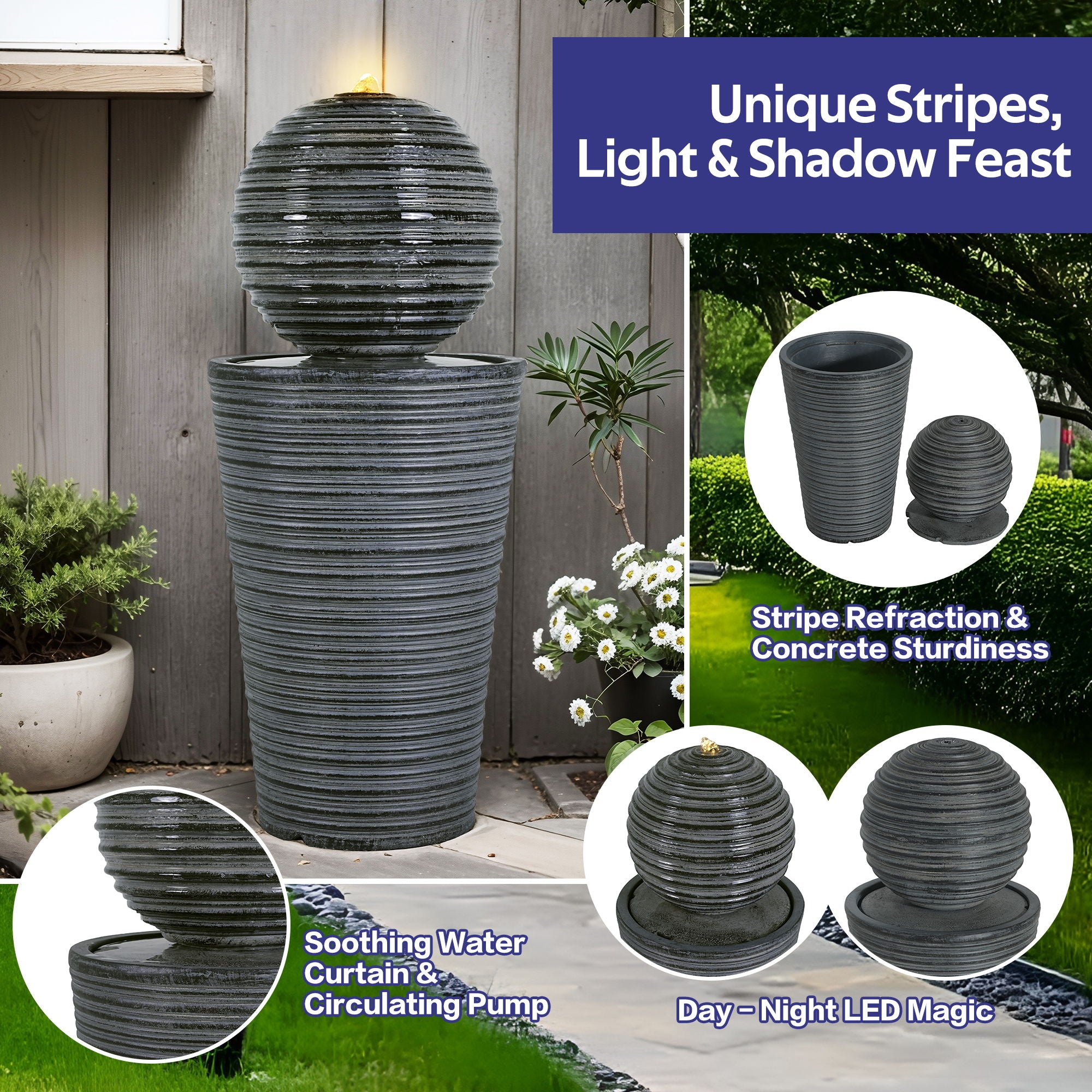 31.5&quot; Tall Striped Column Fountain With LED Light Design For Outdoor Spaces - Gray