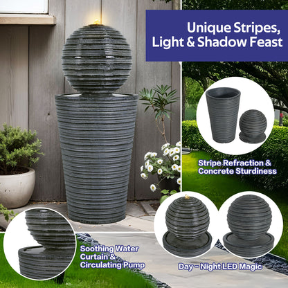 31.5&quot; Tall Striped Column Fountain With LED Light Design For Outdoor Spaces - Gray