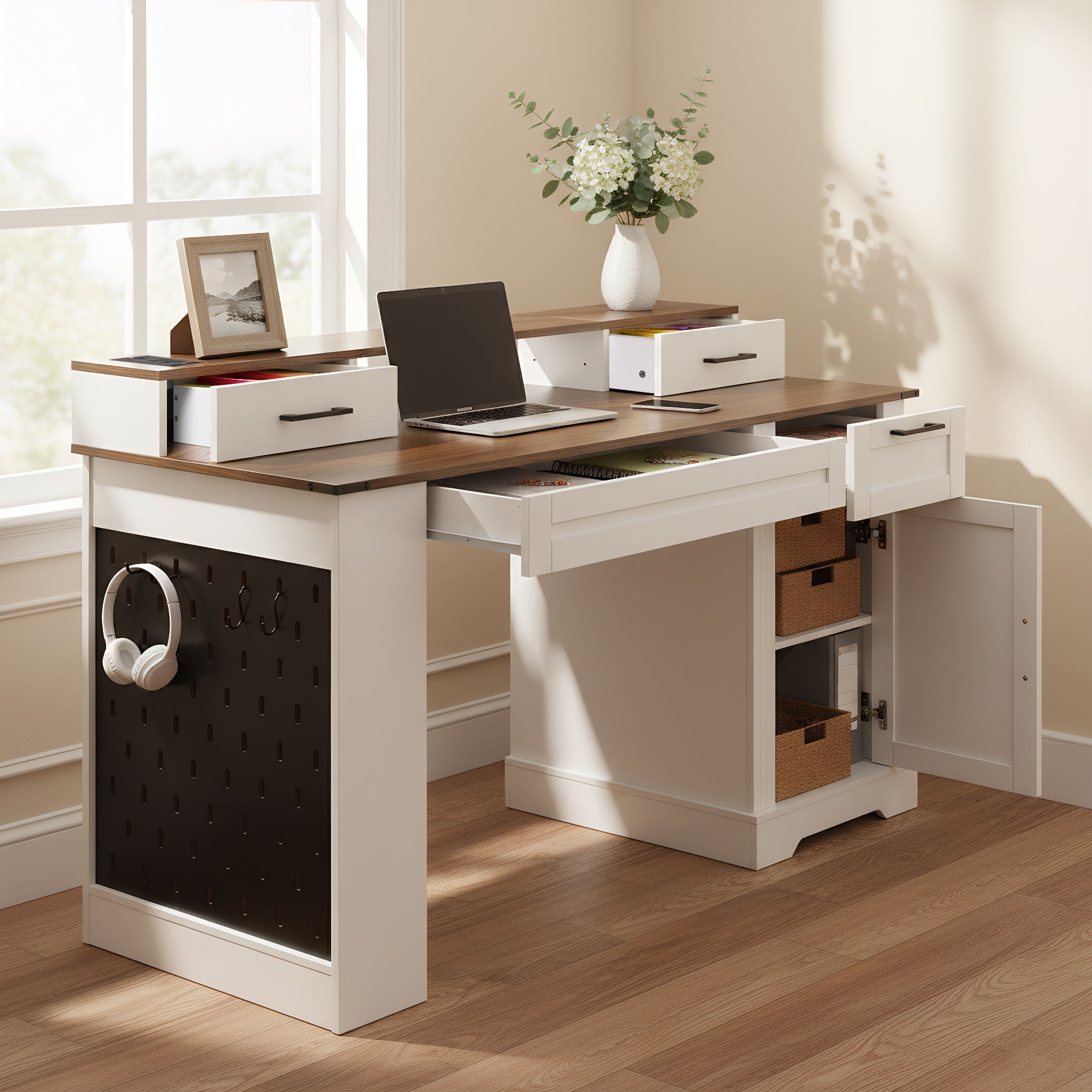 Office Desk With Storage Cabinet, Charging Station, Monitor Stand &amp; Pegboard
