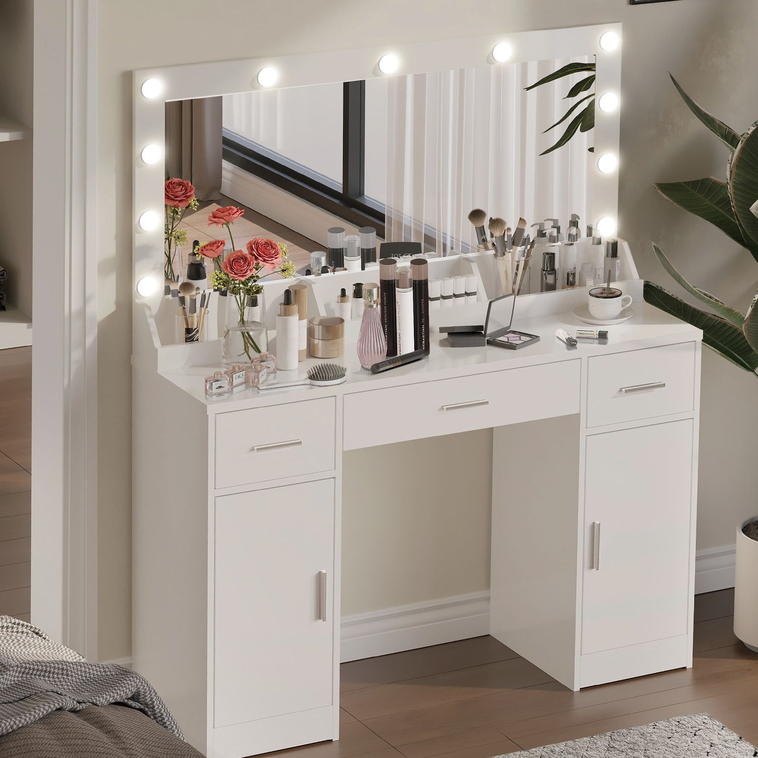Vanity Desk With Large Mirror, 3 Colour Lighting Modes, Adjustable Brightness, Dresser With 3 Drawers &amp; 2 Vertical Cabinets, Makeup Vanity Table For Women &amp; Girls
