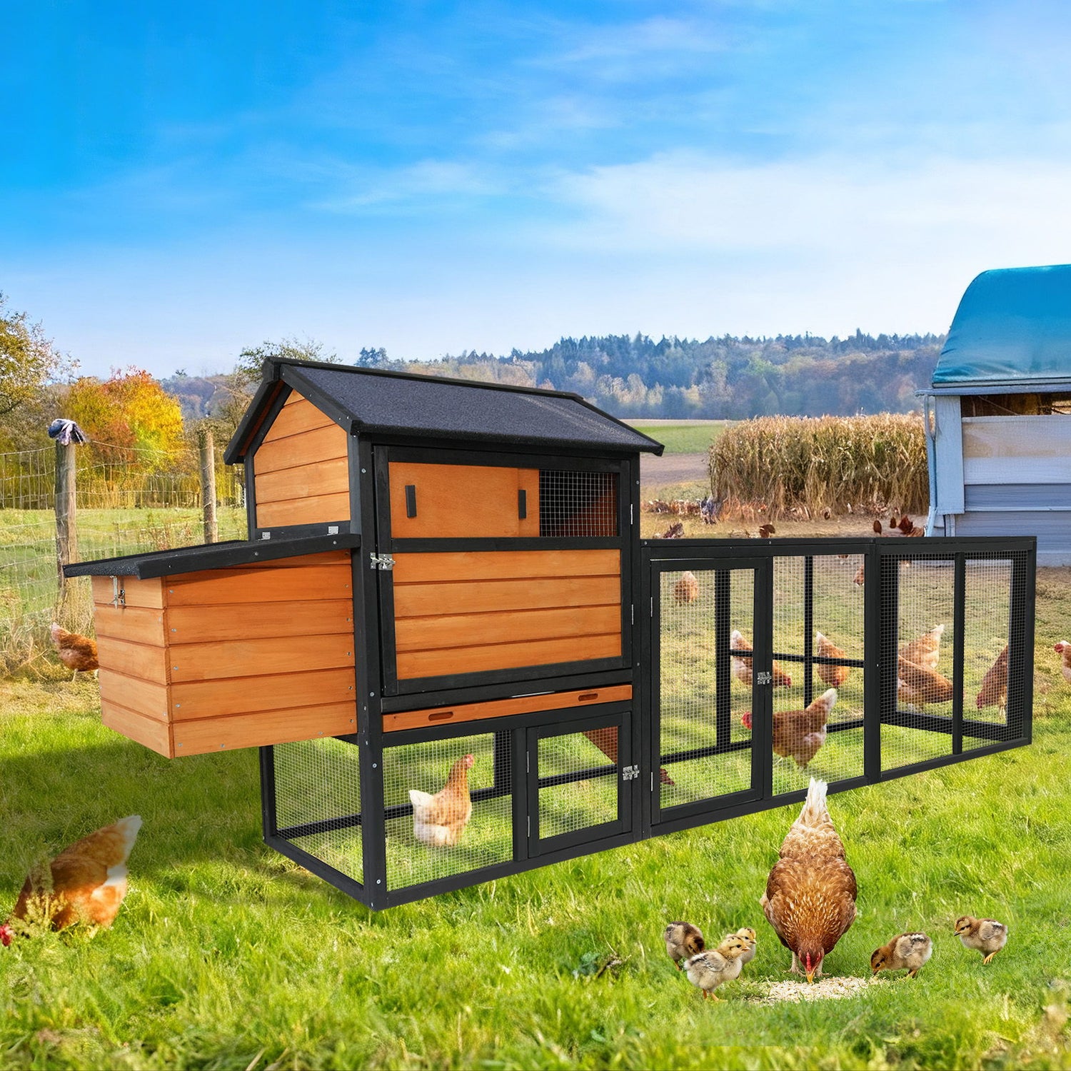 Chicken Coop, Large Outdoor Hen House &amp; Run And Nesting Box Poultry Cage, Rabbit Hutch - Brown / Black