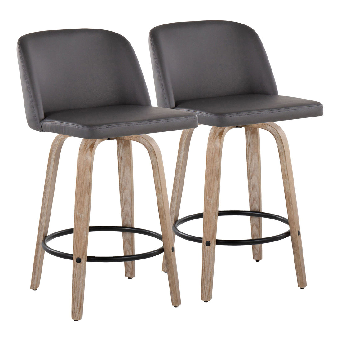 Toriano - Contemporary Fixed Height Counter Stool With Swivel &amp; Round Footrest (Set of 2) - White Washed / Gray