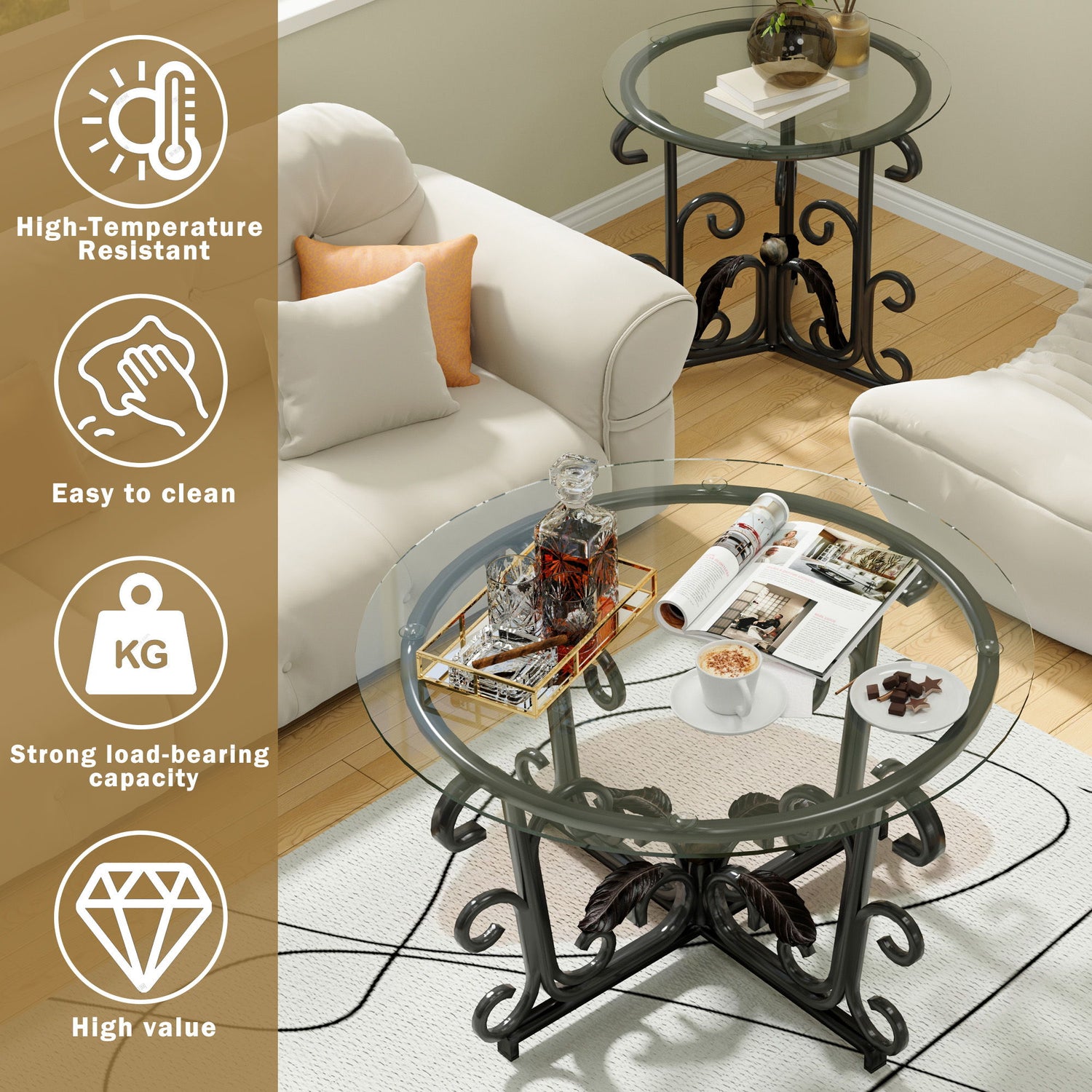 3 Piece Coffee Table Set, Scratch-Resistant - Black