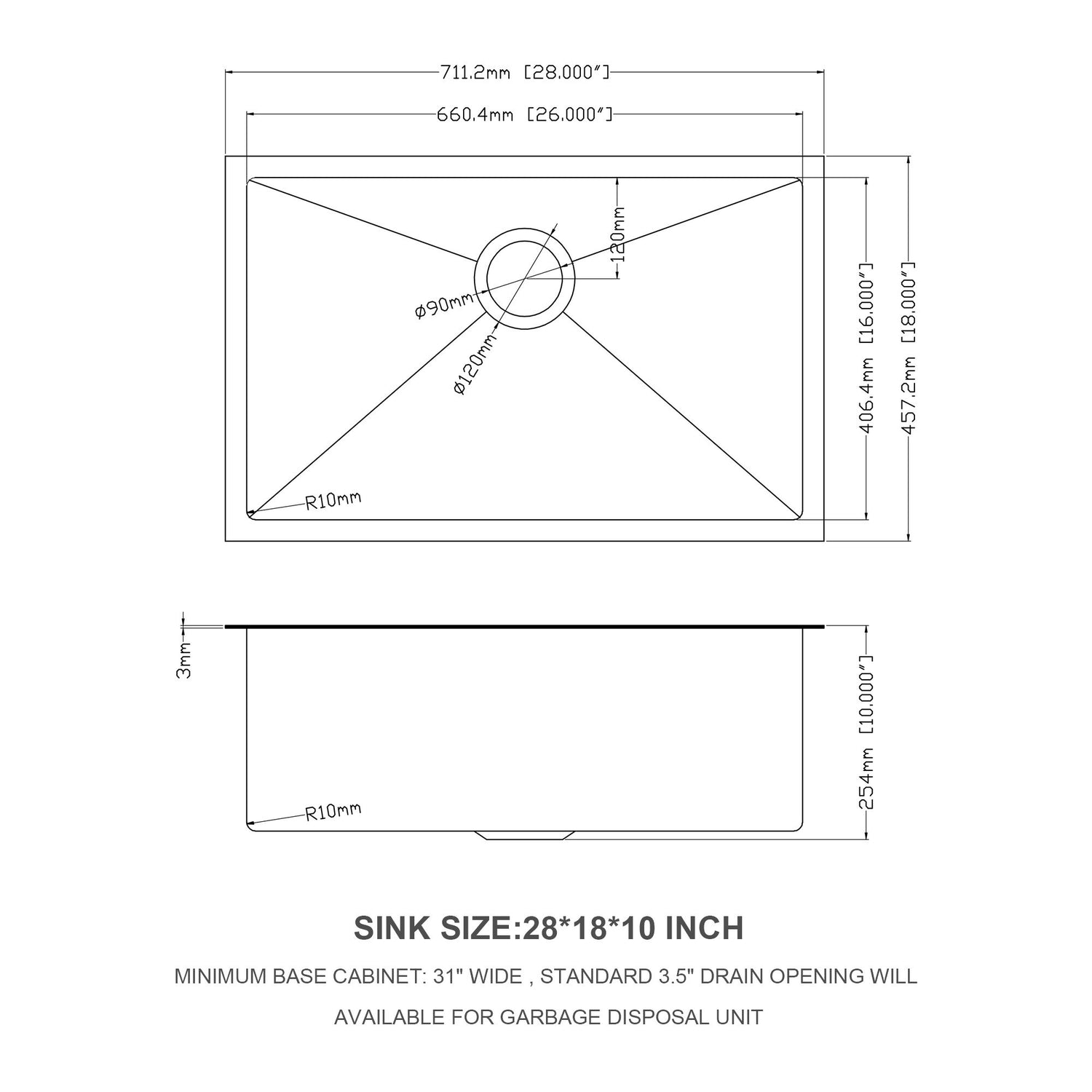 28&quot; Undermount Kitchen Sink 16 Gauge 10&quot; Deep Single Bowl - Gunmetal Black