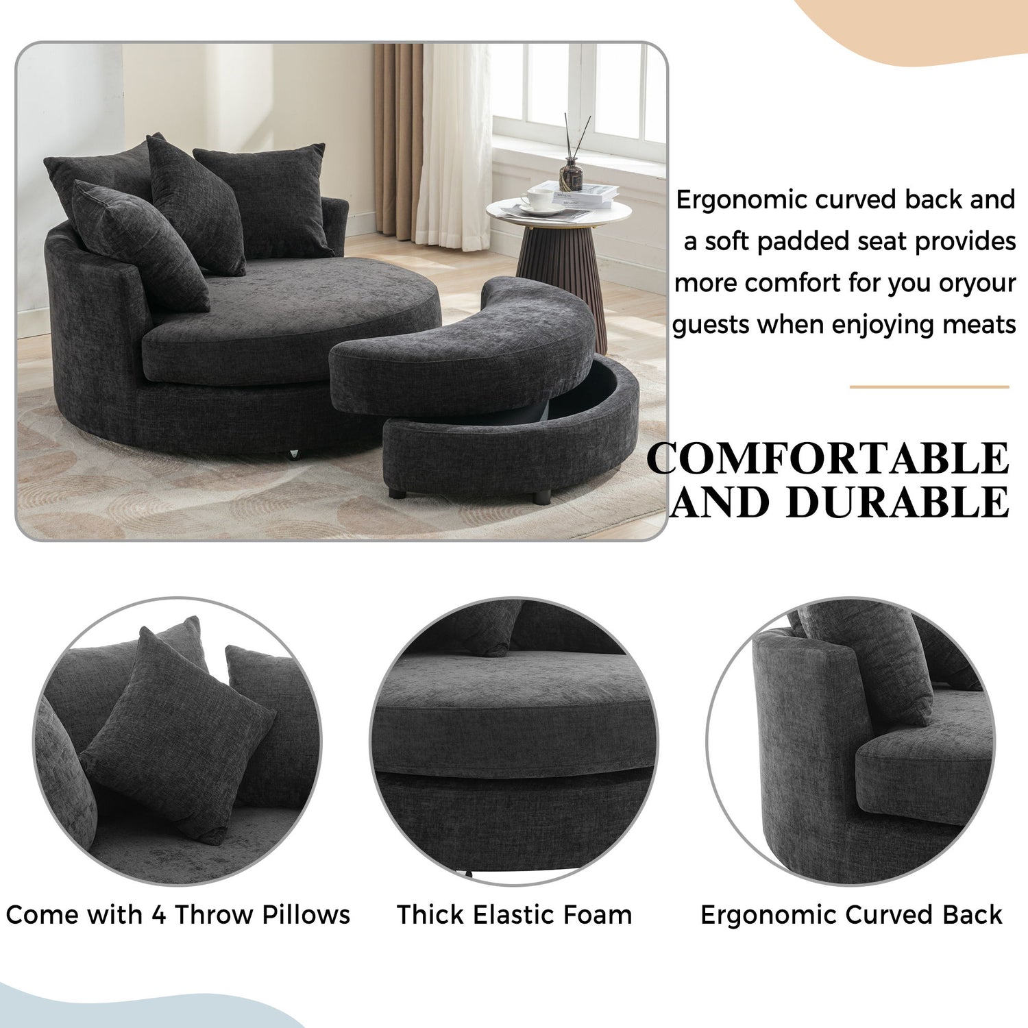 360° Swivel Accent Barrel Chair With Storage Ottoman &amp; 4 Pillows, Modern Chenille Leisure Chair Round Accent For Living Room