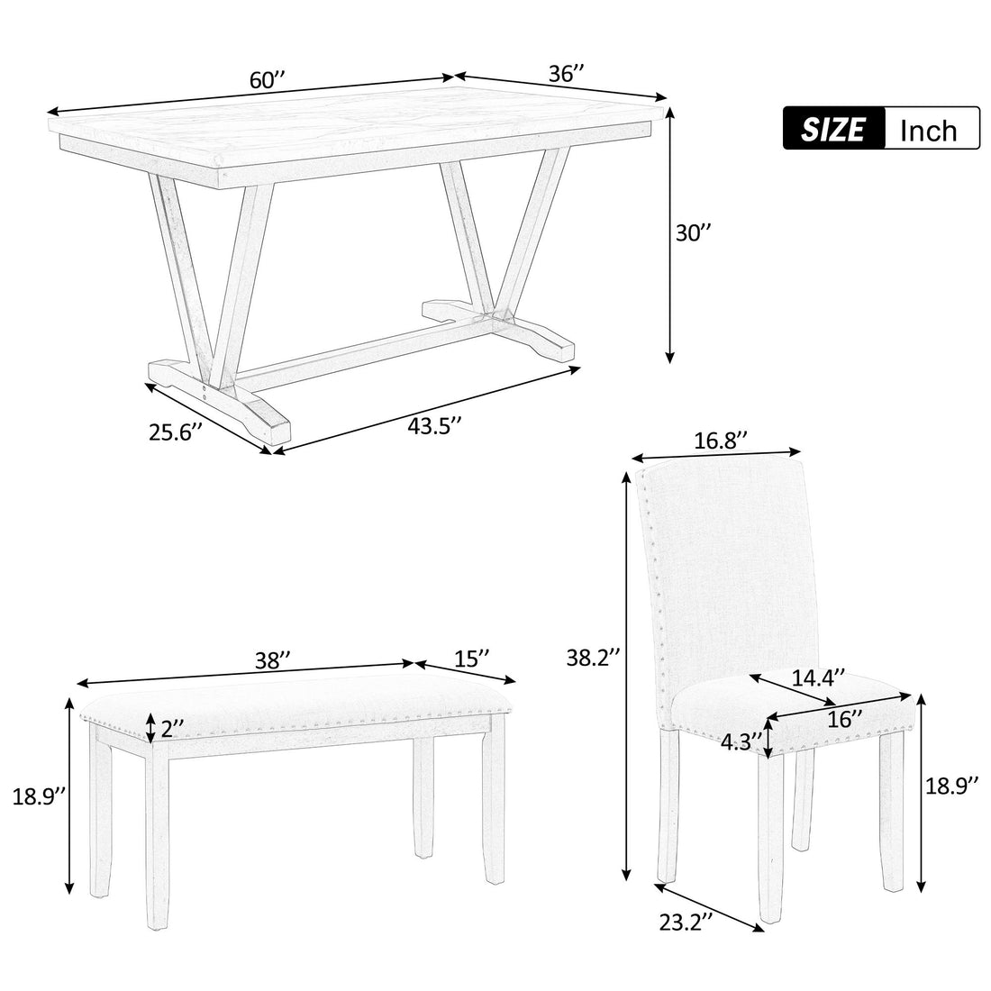 6 Piece Dining Table Modern Style With 4 Chairs &amp; 1 Bench, Table With Marbled Veneers Tabletop And V-Shaped Table Legs - White