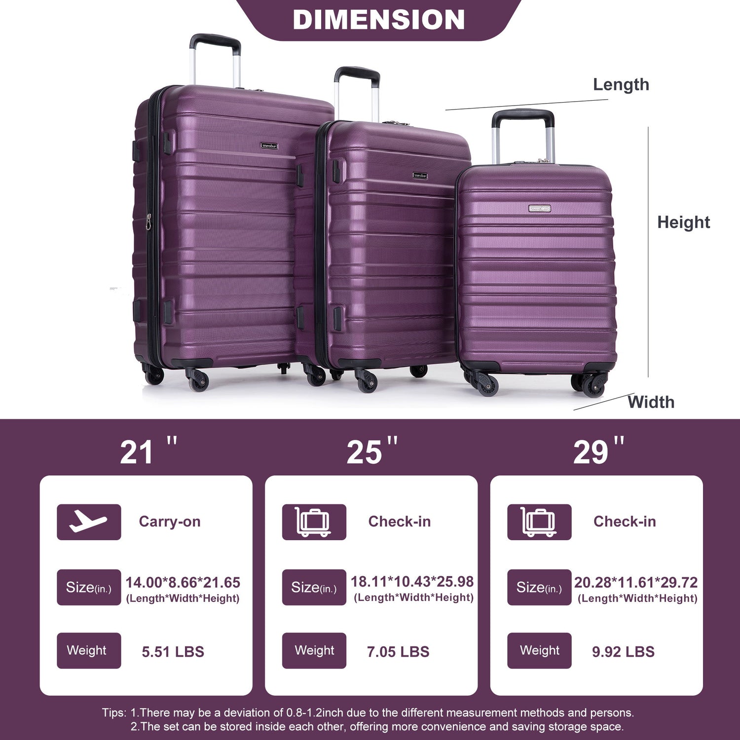 Expandable 3 Piece Luggage Sets Pc Lightweight &amp; Durable Suitcase With Two Hooks, Spinner Wheels, Tsa Lock, (21/25/29) - Dark Purple