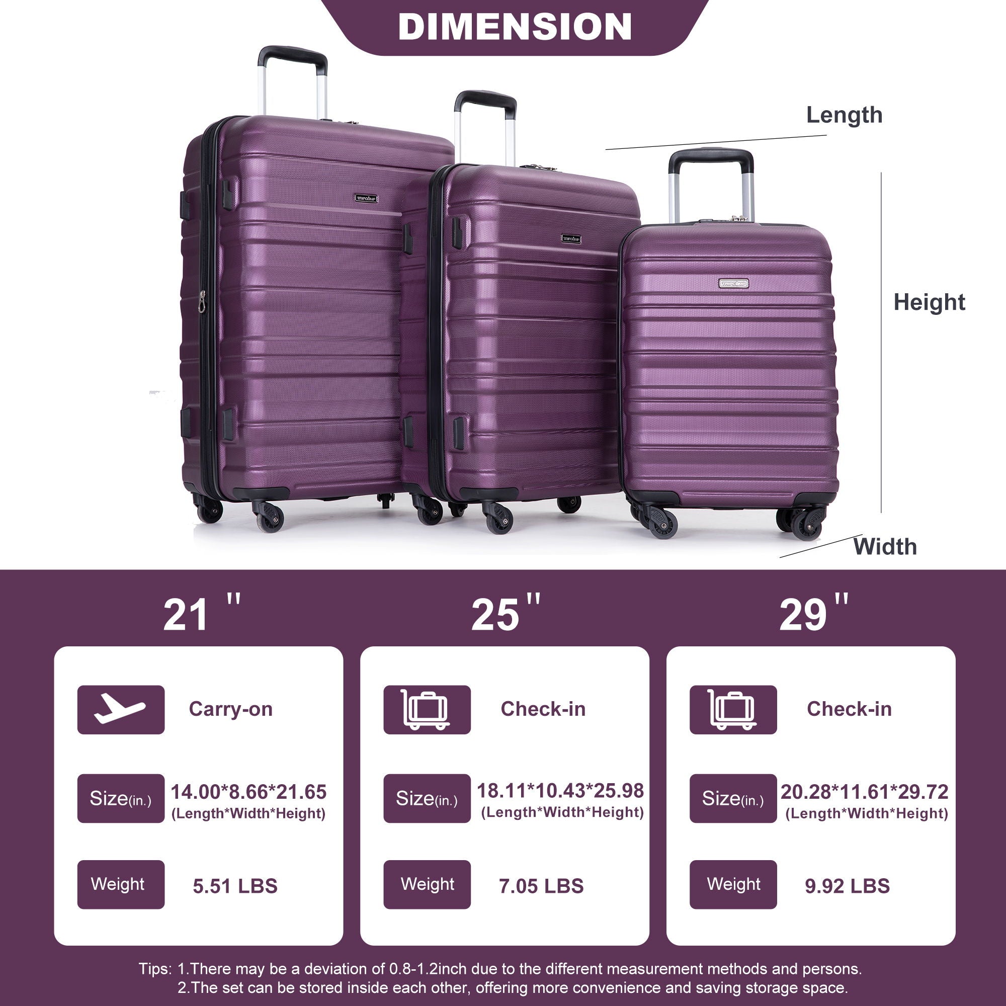 Expandable 3 Piece Luggage Sets Pc Lightweight &amp; Durable Suitcase With Two Hooks, Spinner Wheels, Tsa Lock, (21/25/29) - Dark Purple