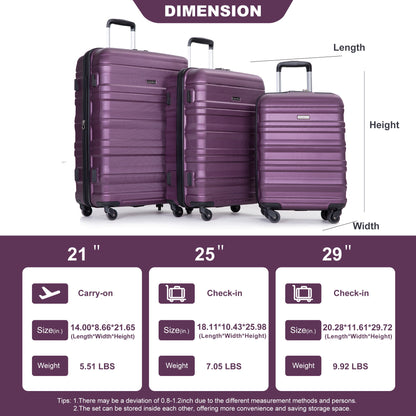 Expandable 3 Piece Luggage Sets Pc Lightweight &amp; Durable Suitcase With Two Hooks, Spinner Wheels, Tsa Lock, (21/25/29) - Dark Purple