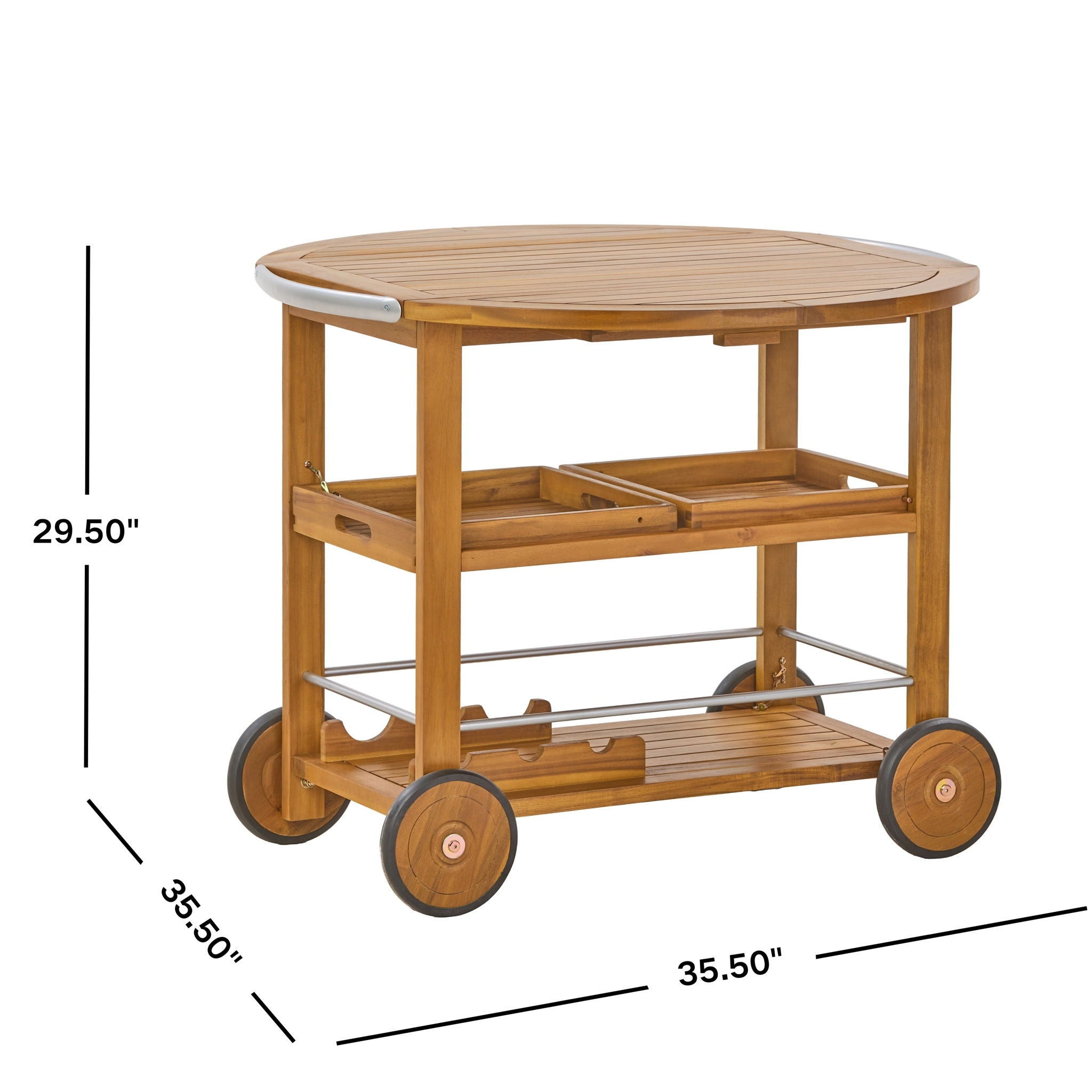 Outdoor Bar Cart With Foldable Tabletop &amp; Removable Trays - Teak