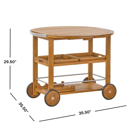 Outdoor Bar Cart With Foldable Tabletop &amp; Removable Trays - Teak