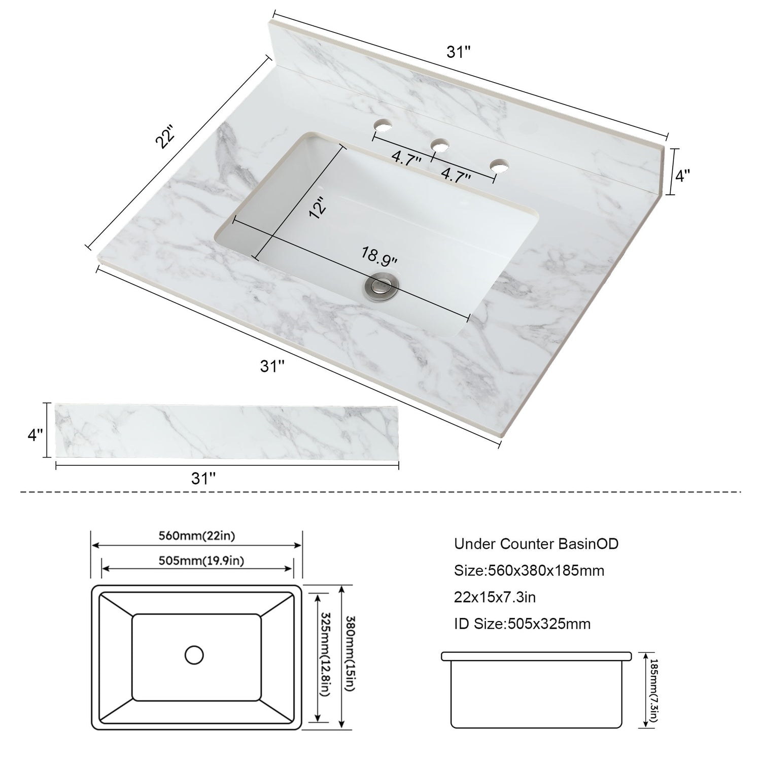 Elegant Sintered Stone Bathroom Vanity Top With Rectangular Undermount Ceramic Sink