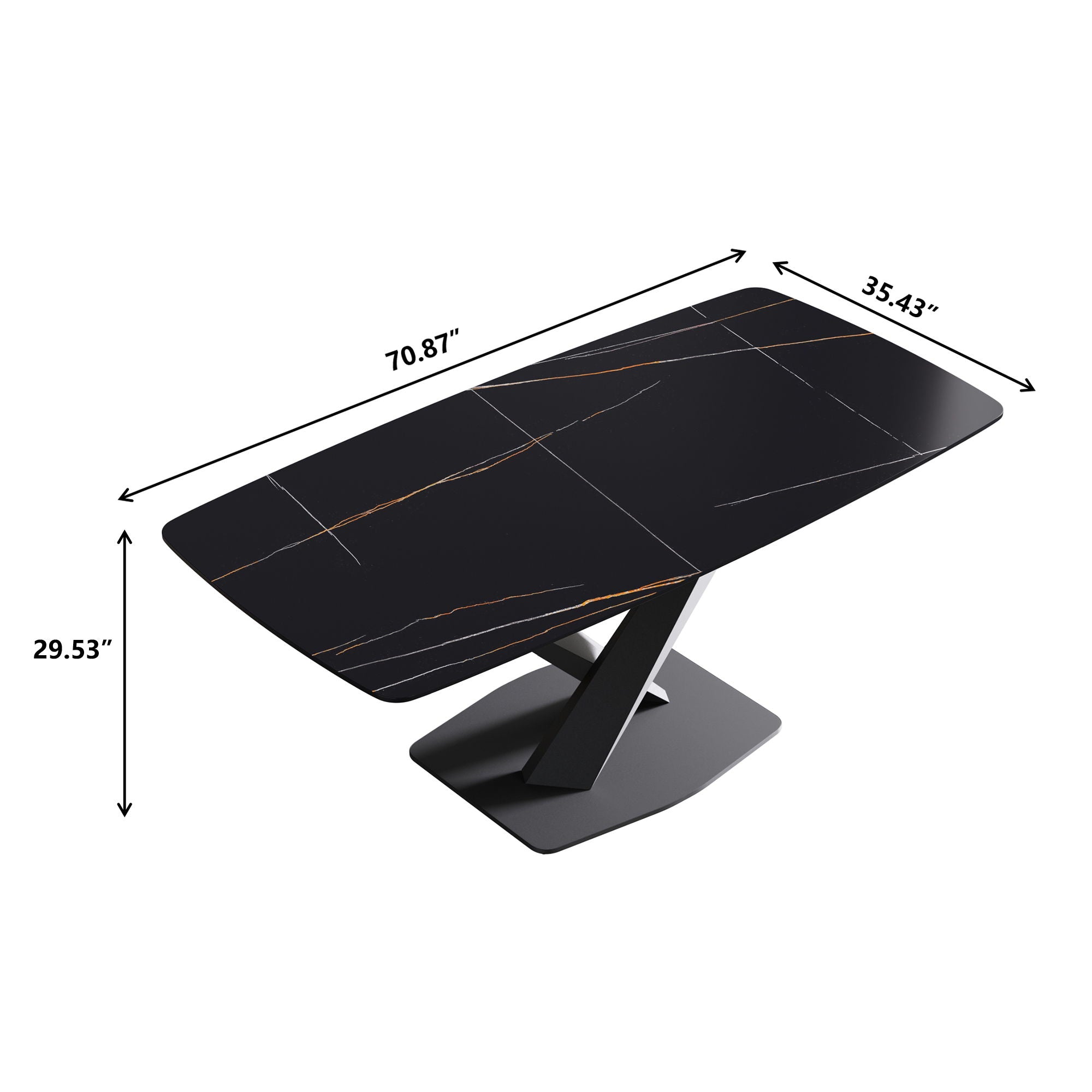 70.87&quot; Modern Artificial Stone Black Curved Black Metal Leg Dining Table, Can Accommodate 6-8 People - Black