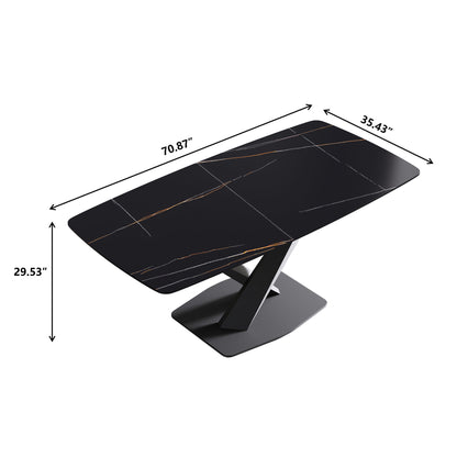 70.87&quot; Modern Artificial Stone Black Curved Black Metal Leg Dining Table, Can Accommodate 6-8 People - Black