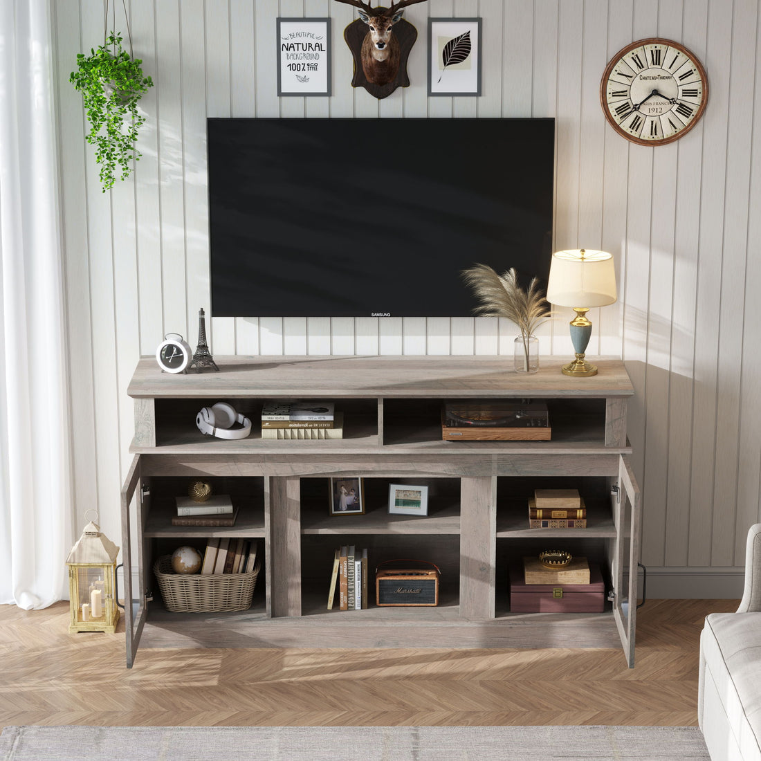 58.27&quot; TV Stand With Storage Cabinet And Shelves, TV Console Table Entertainment Center For Living Room, Bedroom - Gray