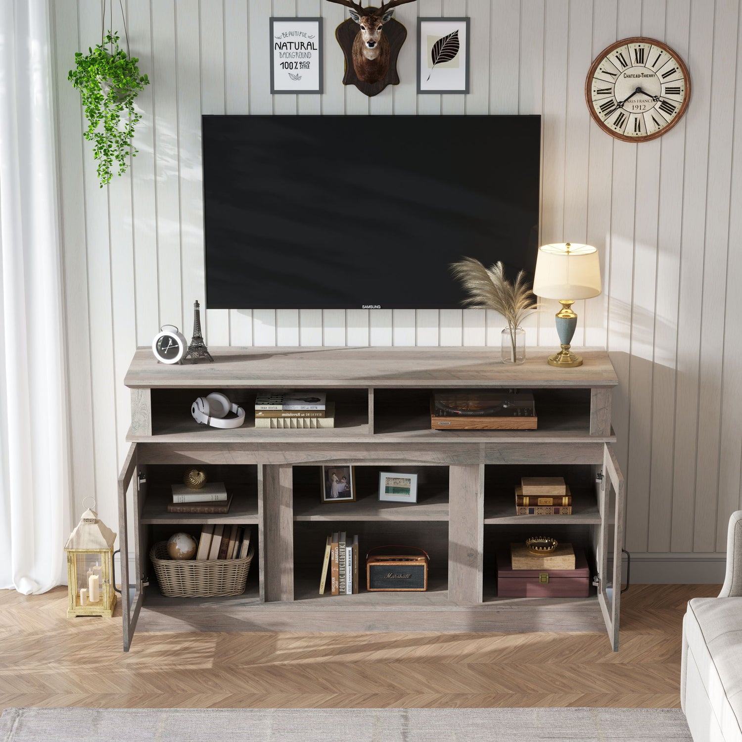 58.27&quot; TV Stand With Storage Cabinet And Shelves, TV Console Table Entertainment Center For Living Room, Bedroom - Gray