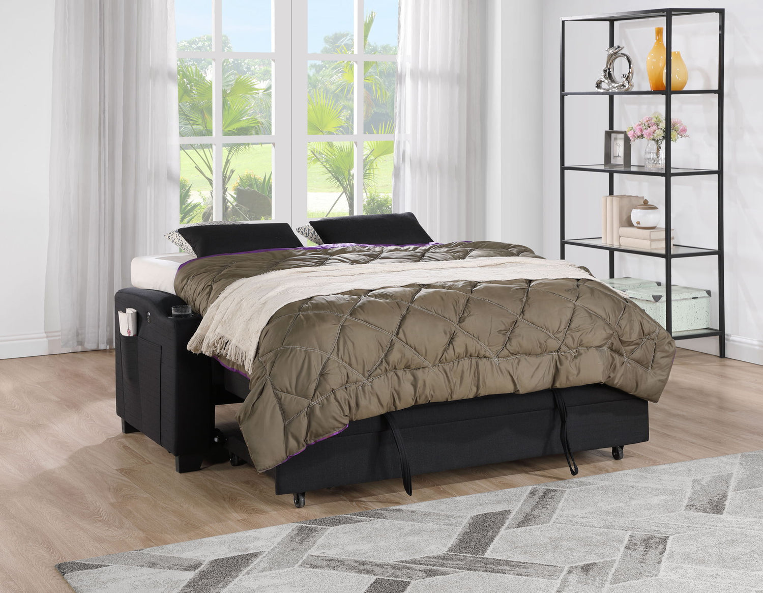 Bennett - 71&quot;W Fabric Convertible Sleeper Loveseat with USB Charger and Cupholders