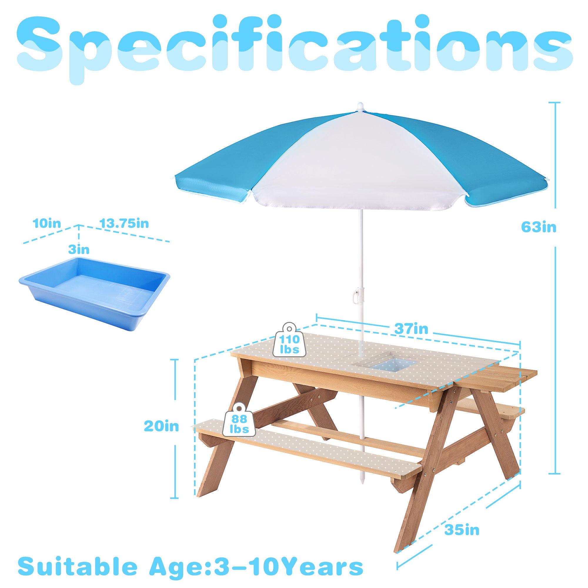 3-In-1 Kids Outdoor Wooden Picnic Table With Umbrella, Convertible Sand &amp; Water, ASTM &amp; CPSIA Certification