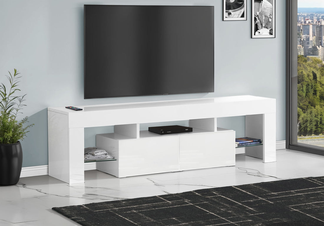 TV Stand, Console, Media Entertainment Center, Storage Cabinet, Glossy Contemporary &amp; Modern - White