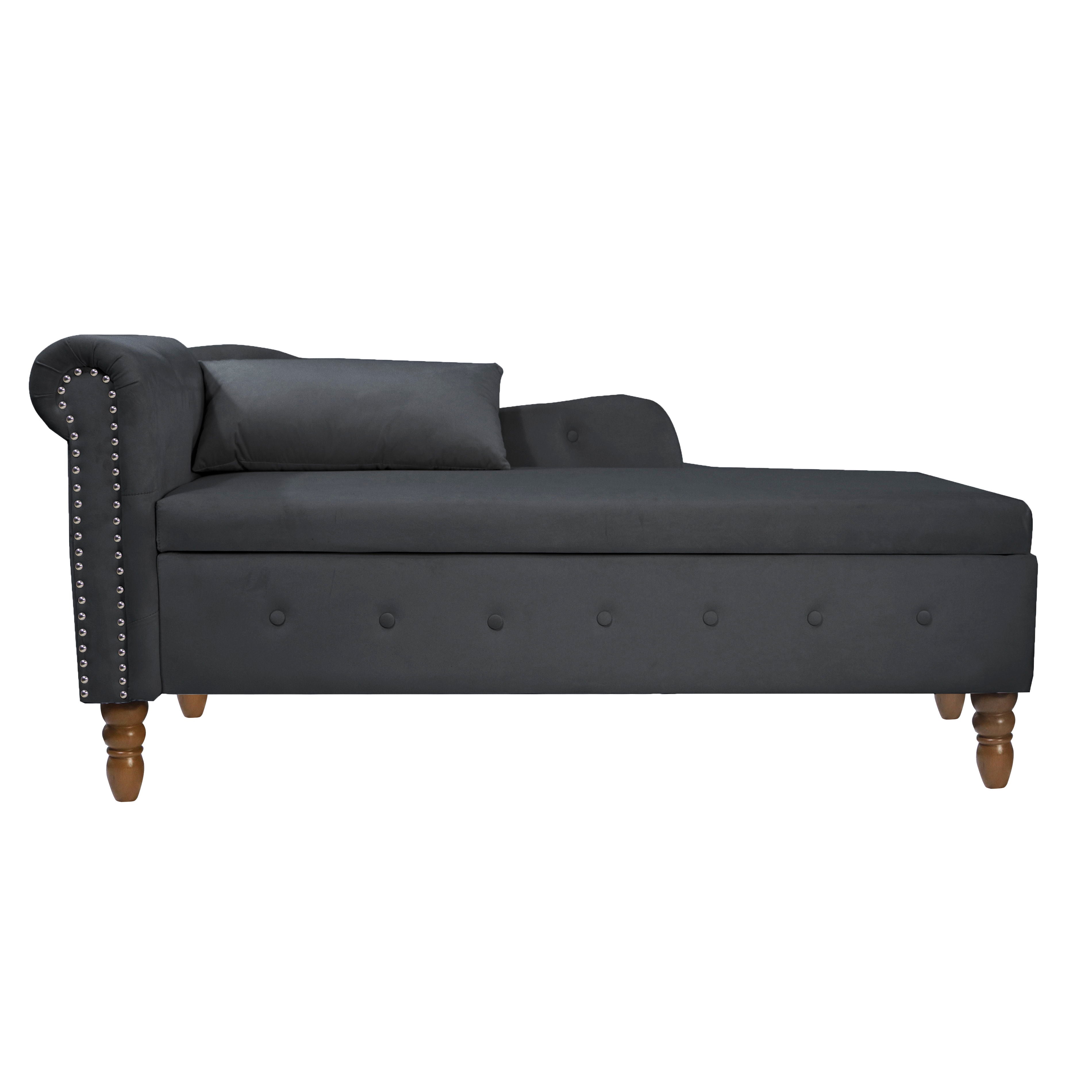 Chaise Lounge Indoor, Velvet Lounge Chair For Bedroom With Storage &amp; Pillow, Modern Upholstered Rolled Arm Chase Lounge For Sleeping With Nailhead Trim For Living Room Bedroom Office