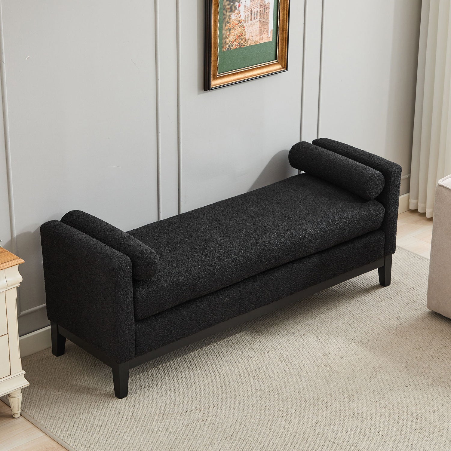 Elegant Upholstered Bench, Daybed, Ottoman With Wood Legs &amp; 2 Bolster Pillows - Black Boucle