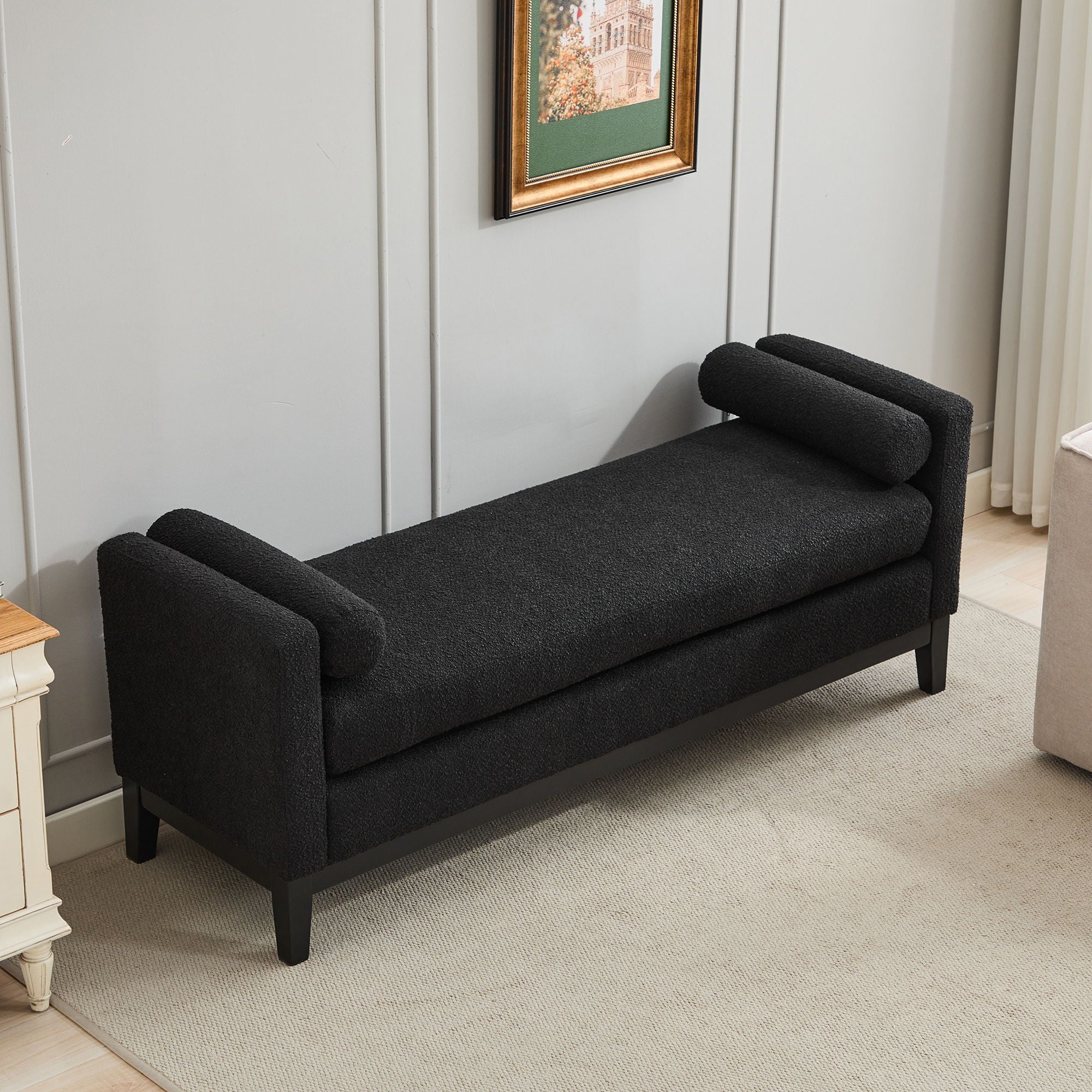 Elegant Upholstered Bench, Daybed, Ottoman With Wood Legs &amp; 2 Bolster Pillows - Black Boucle