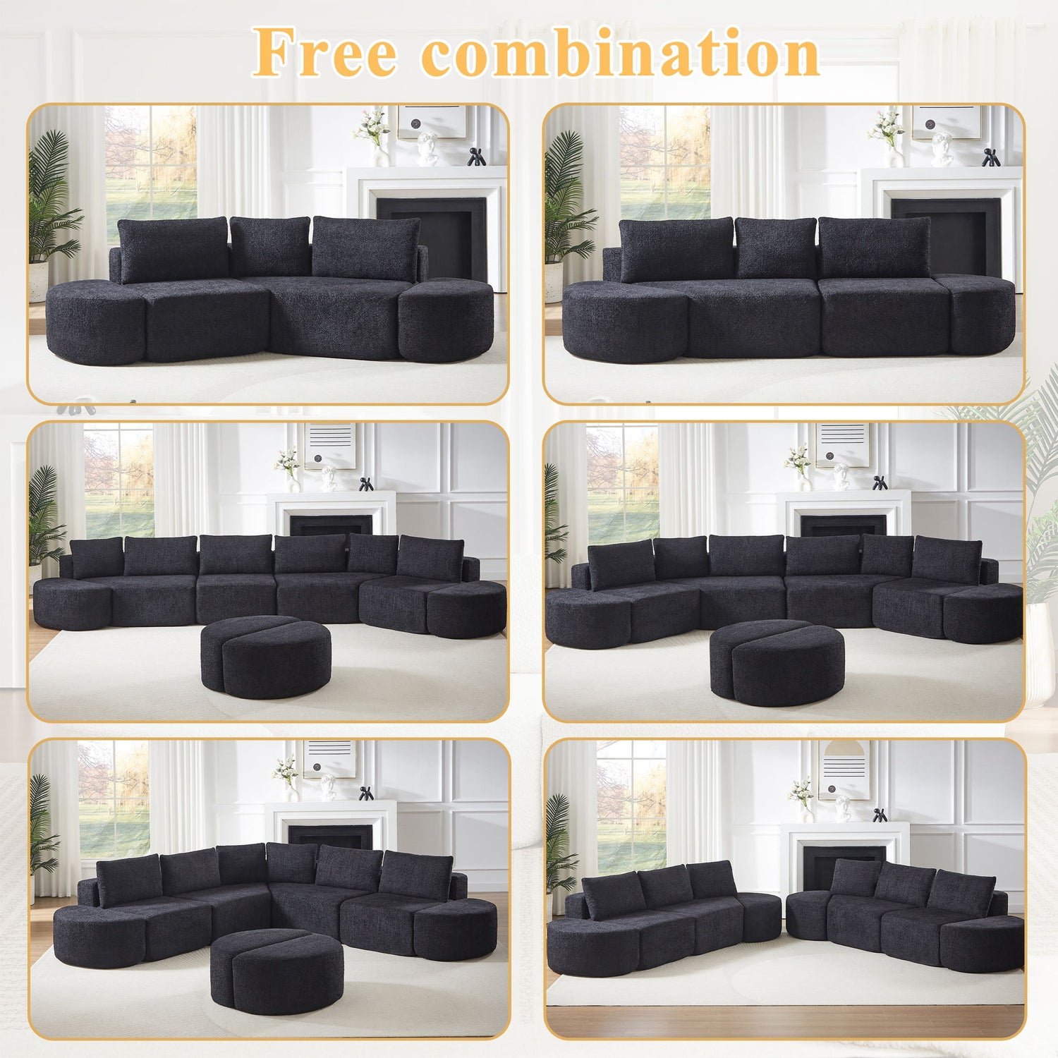 V - Shaped Modular Sofa Set &amp; 3 Pillows And 2 Curved Ottomans For Living Rooms - Black