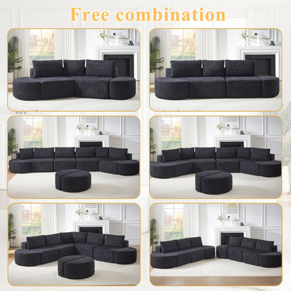 V - Shaped Modular Sofa Set &amp; 3 Pillows And 2 Curved Ottomans For Living Rooms - Black