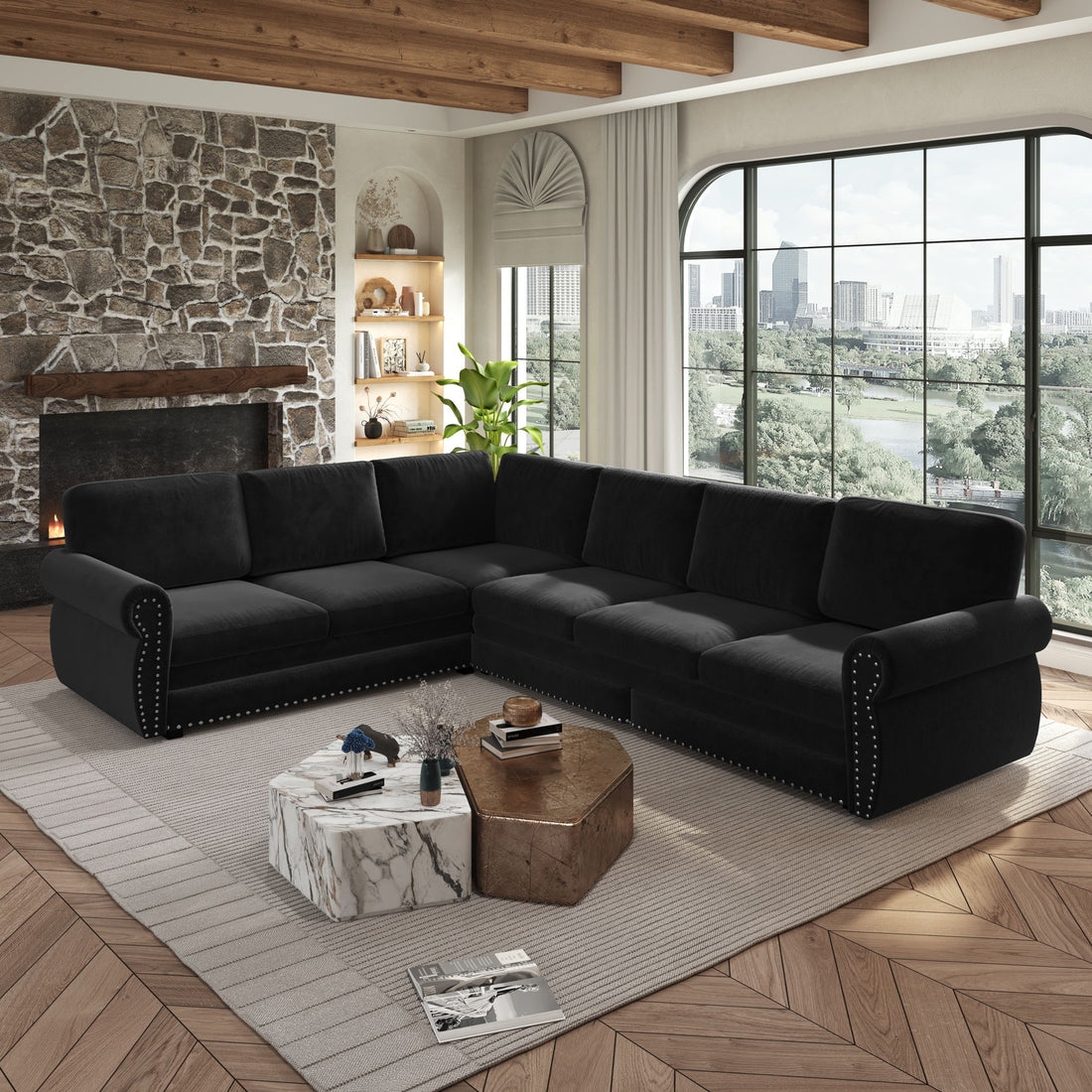 L-Shaped Sofa Couch With Pull Out Bed With Nailhead Trim &amp; Rolled Arm