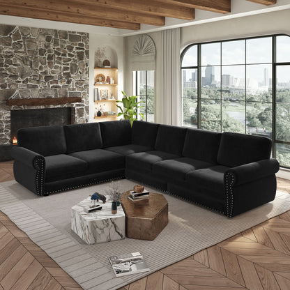 L-Shaped Sofa Couch With Pull Out Bed With Nailhead Trim &amp; Rolled Arm