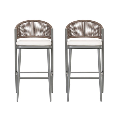 Outdoor Bar Height Metal Frame Counter Stools With Scallop Shaped Backrest &amp; Water Resistant Cushions